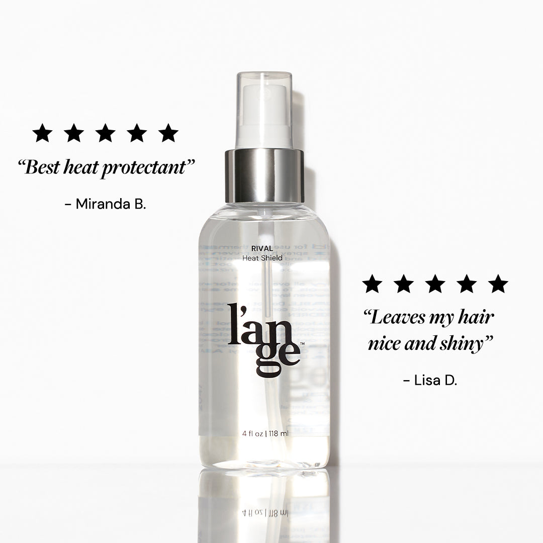 L’ange Rival Heat Shield spray bottle with five-star reviews praising it as the "best heat protectant" and for leaving hair "nice and shiny," endorsed by users Miranda B. and Lisa D.