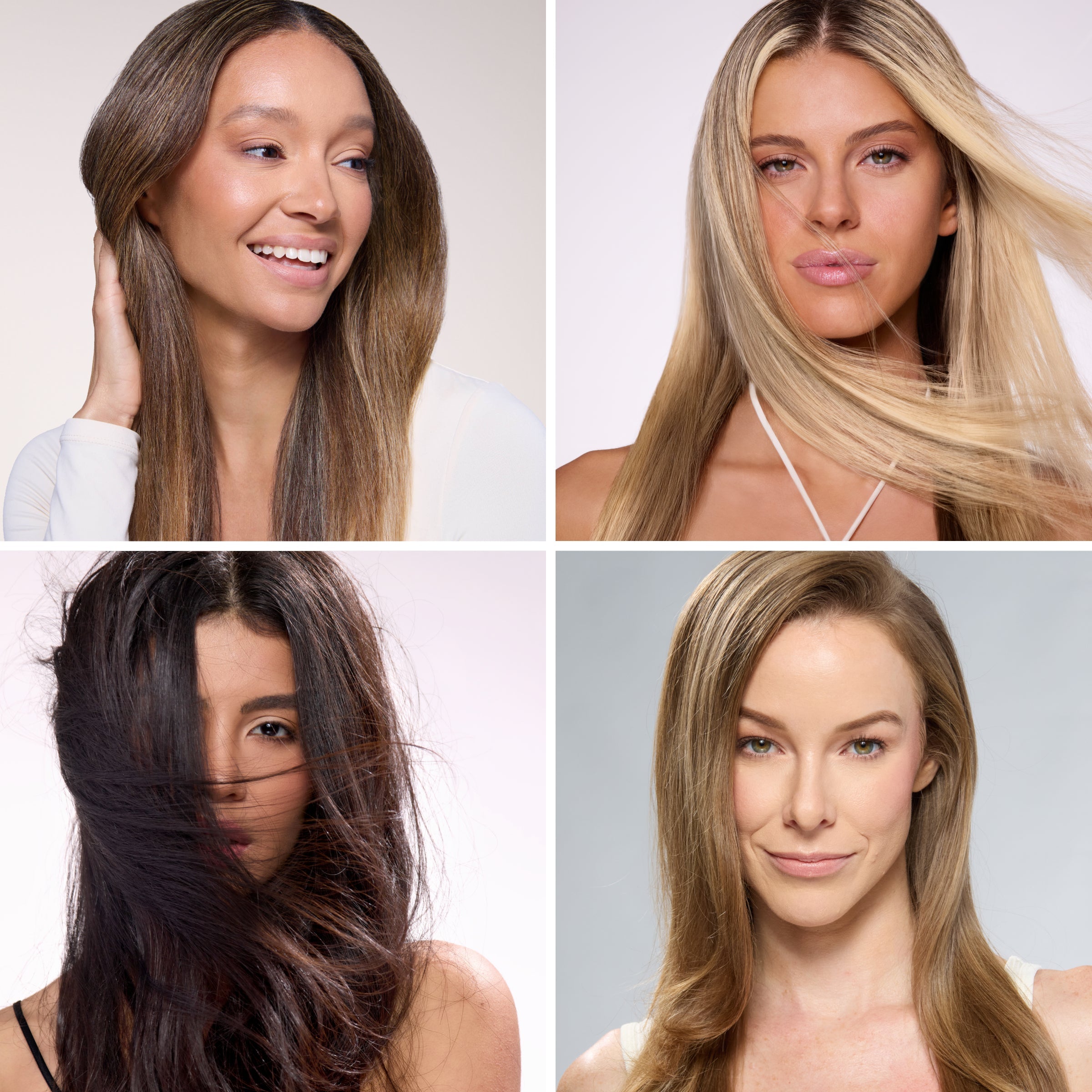 Collage of four women with different hair types and colors, all showcasing smooth, styled, and healthy-looking hair.