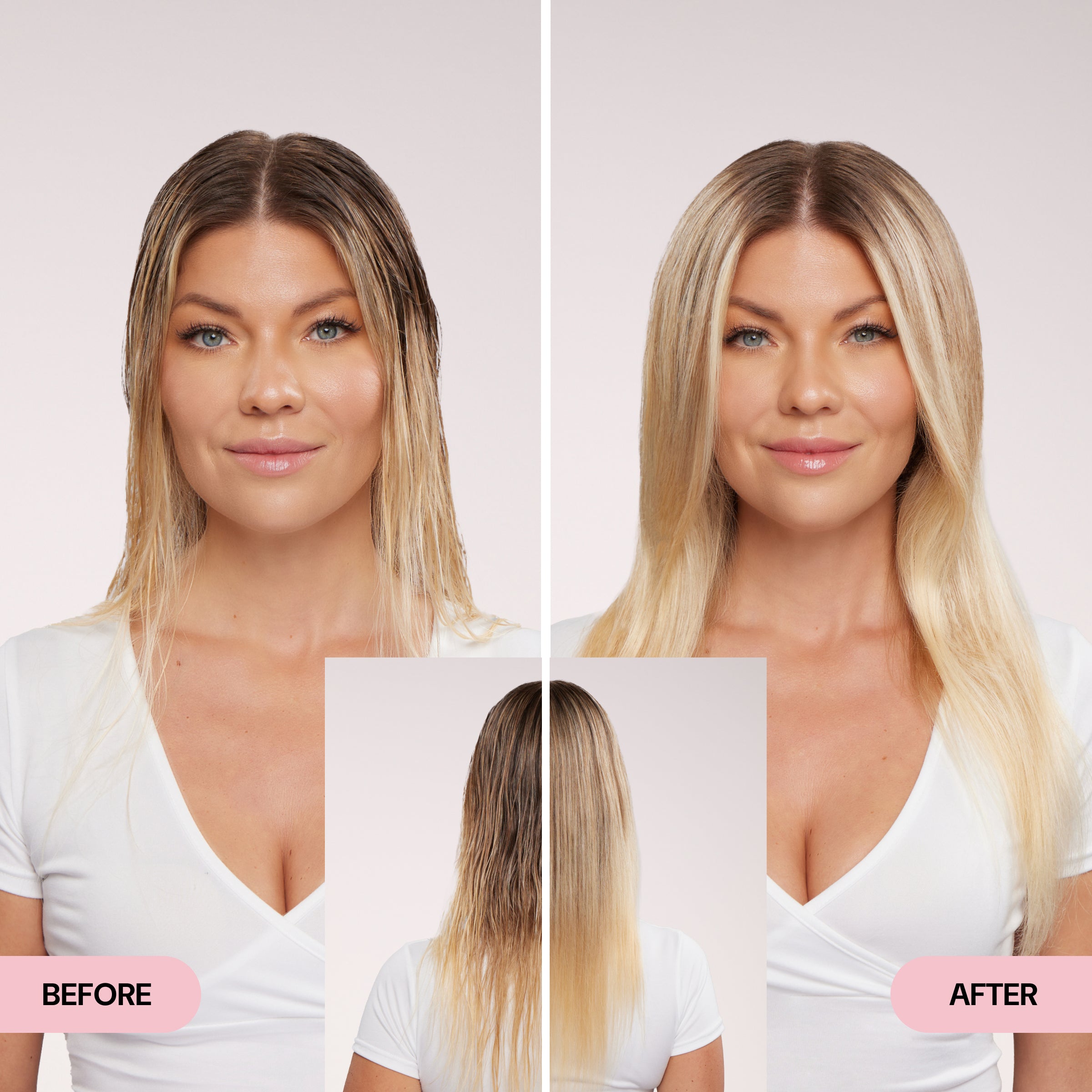 Before and after image of a woman showing transformation from wet, frizzy hair to smooth, sleek, and shiny blonde hair.