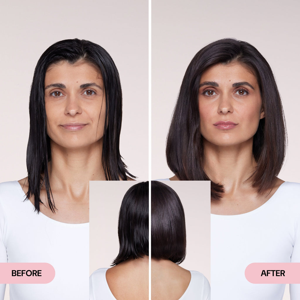 Before and after image of a woman showing transformation from damp, uneven hair to sleek, smooth, and styled dark hair.