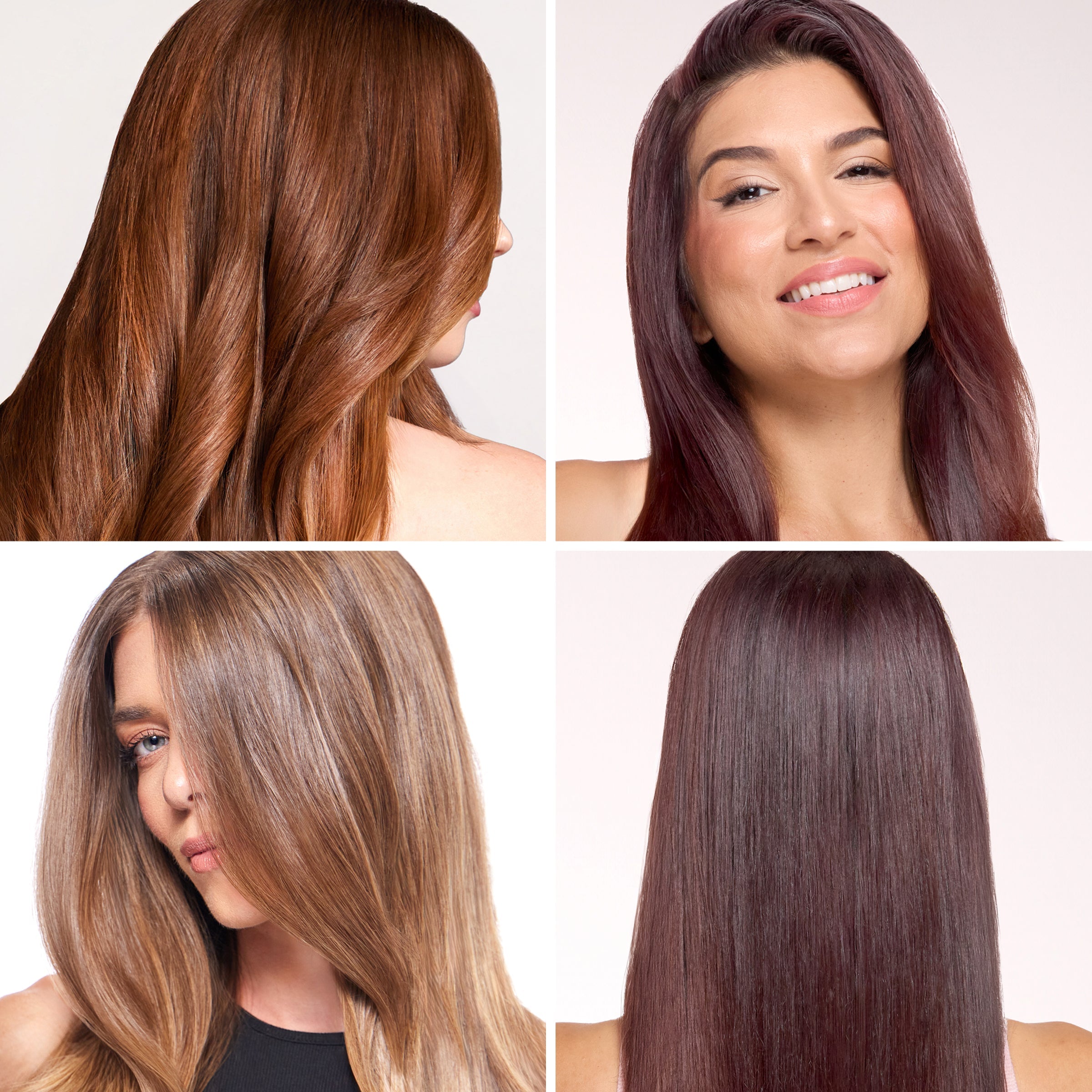 Collage of four women with different hair colors and textures, all showcasing smooth, shiny, and healthy-looking hair.