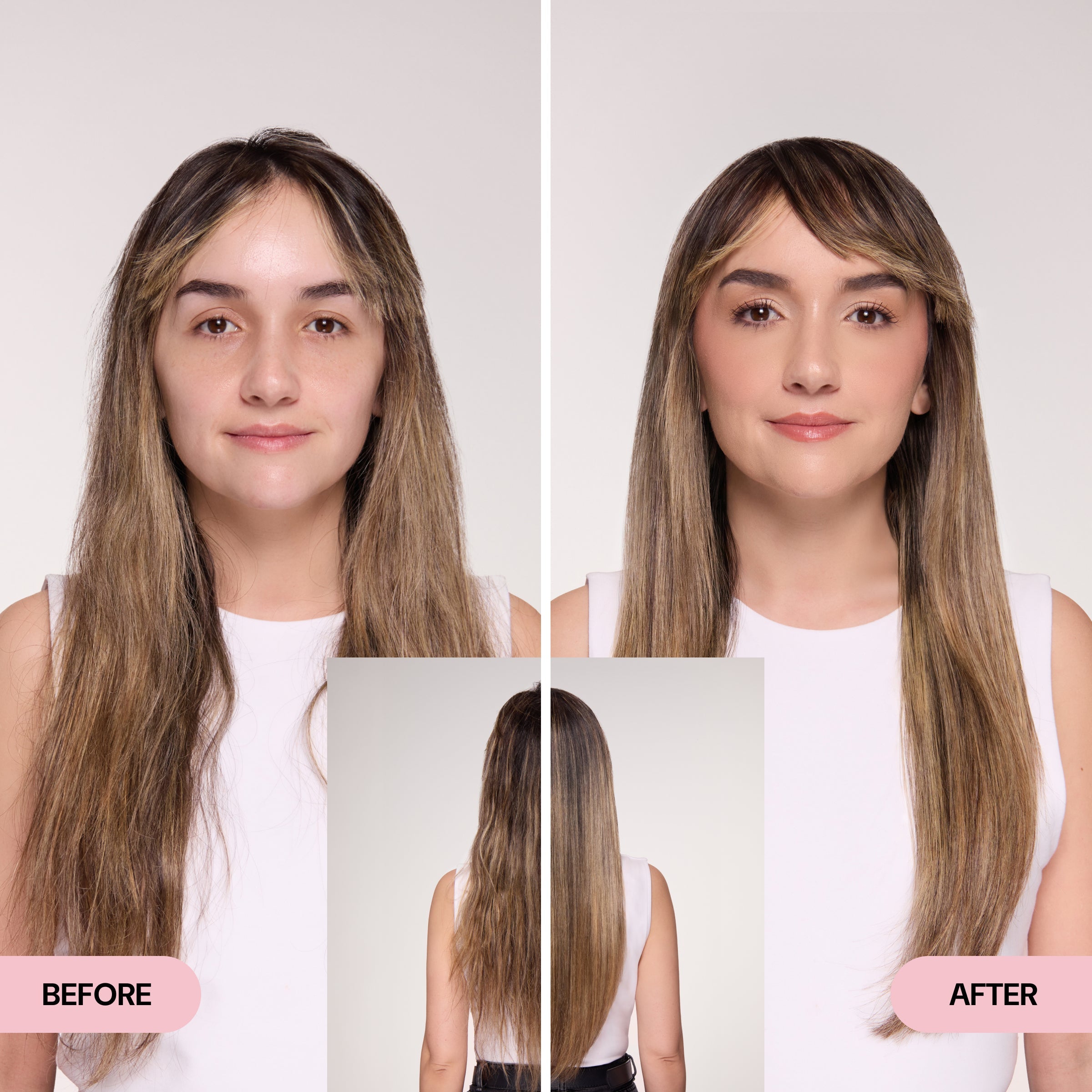 Before and after images of a woman with wavy, dull hair transformed into smooth, shiny straight hair with styled bangs.