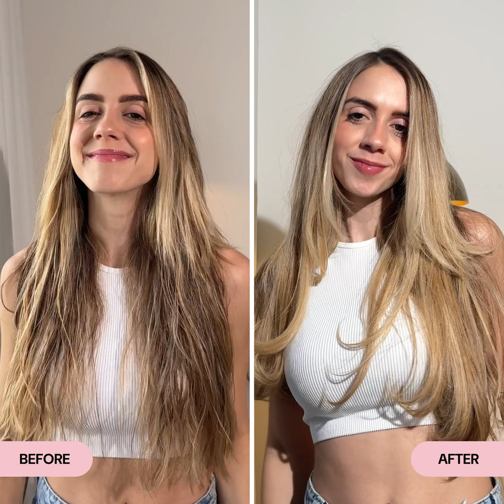 Side-by-side comparison of a woman with dry, frizzy, and unevenly textured blonde hair in the "Before" image and smooth, shiny, layered hair in the "After" image. The transformation highlights improved manageability, sleekness, and a healthy, refreshed look.
