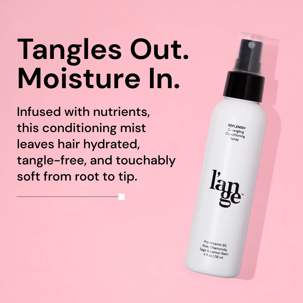 Tangles out, moisture in with our bottle against a blush background.