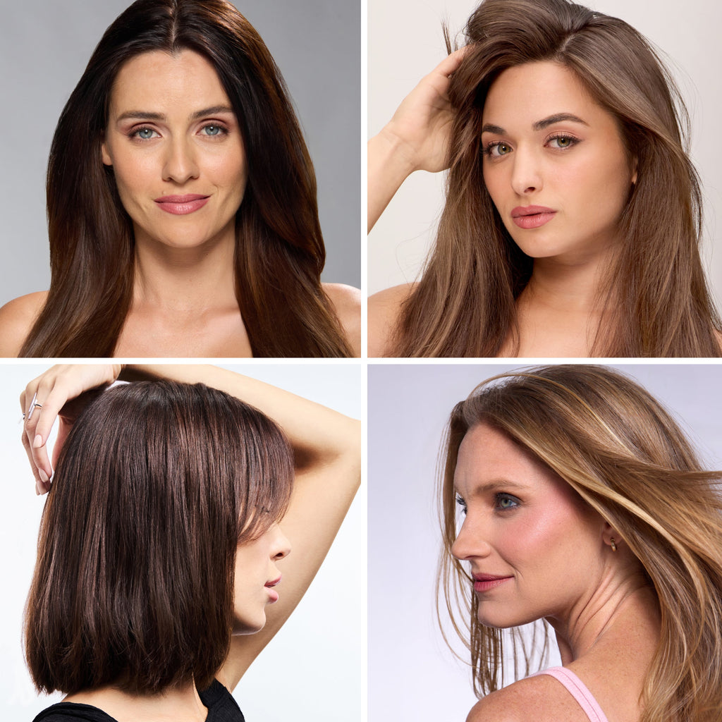 Collage of four women with different hair colors and styles, all showcasing smooth, healthy-looking hair.