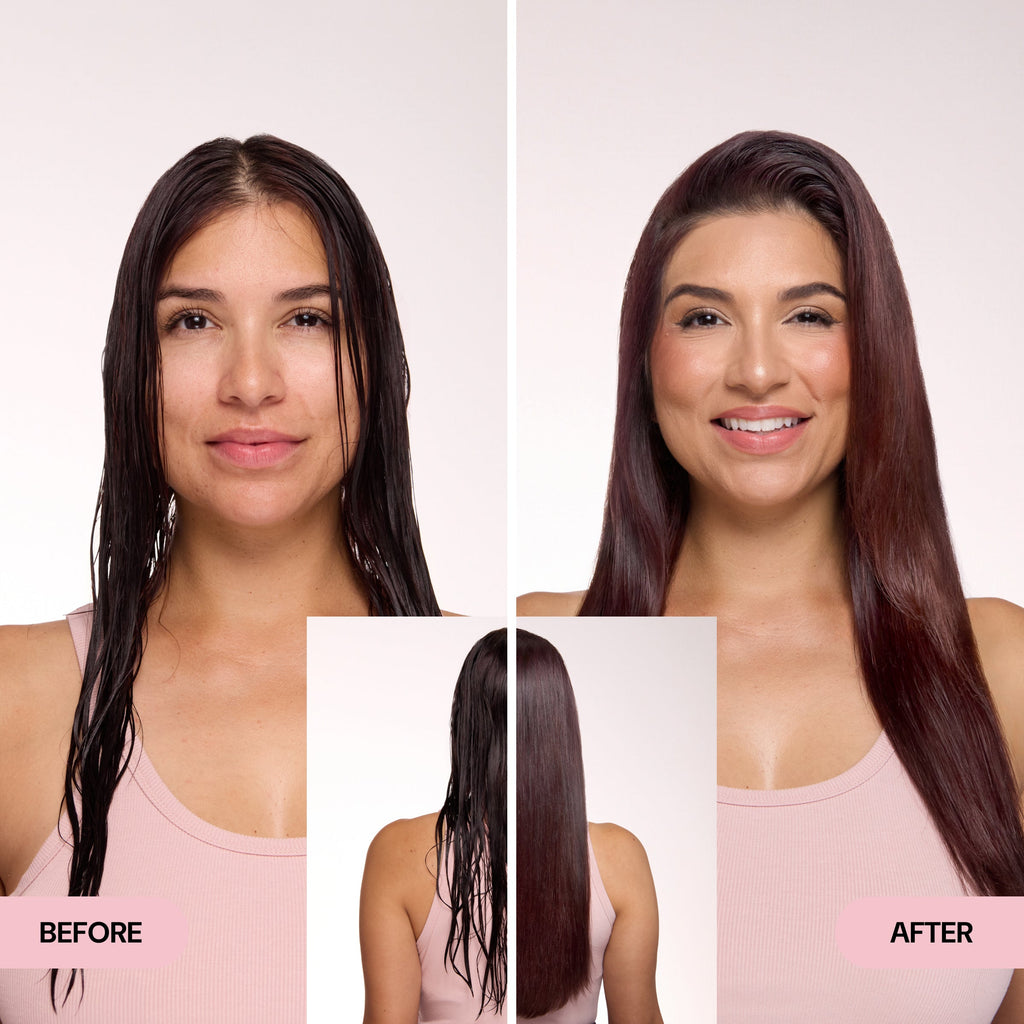 Before and after images of a woman showing transformation from wet, unstyled hair to smooth, shiny, and styled hair.