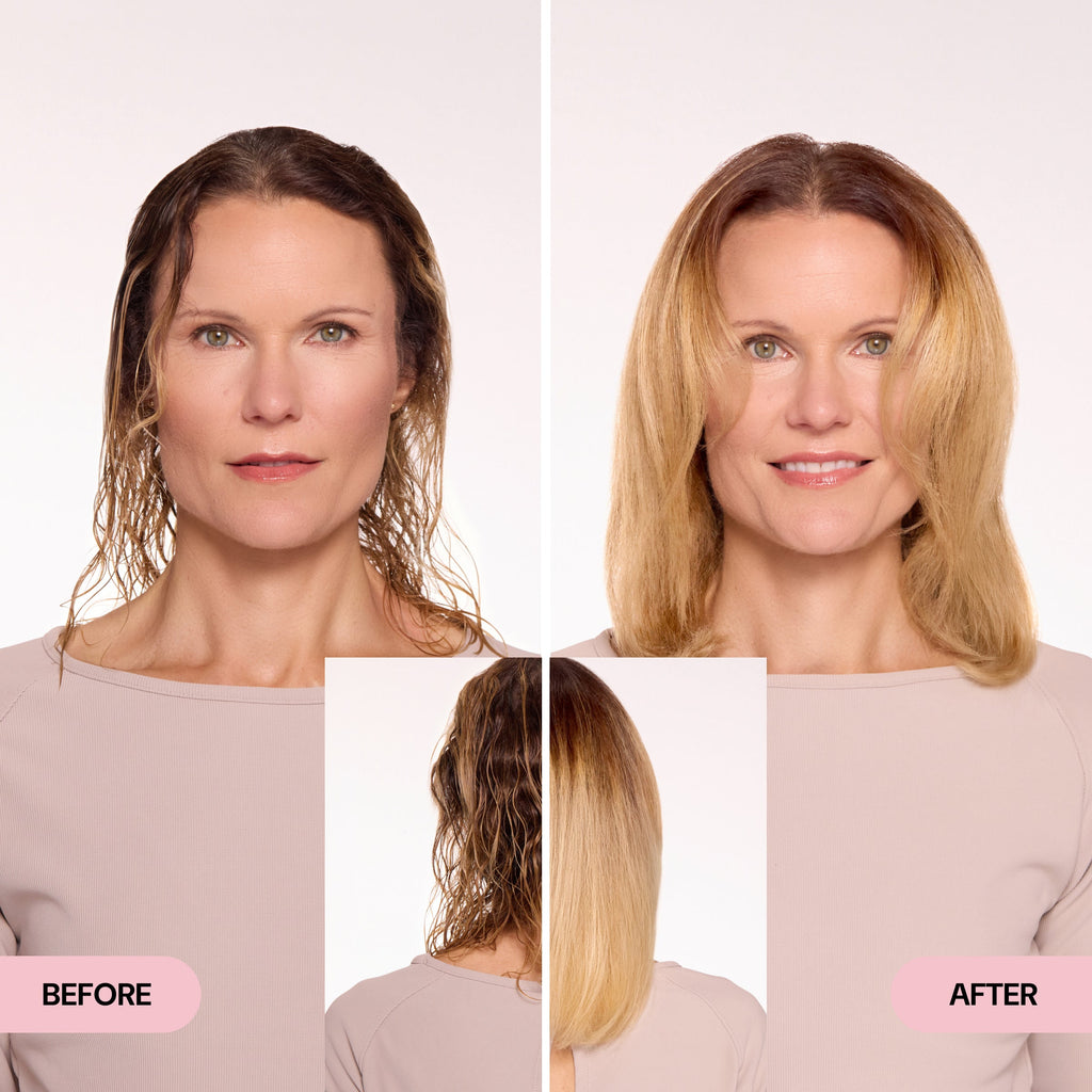 Before and after comparison of a woman with wet, frizzy hair transformed into smooth, voluminous, styled blonde hair.