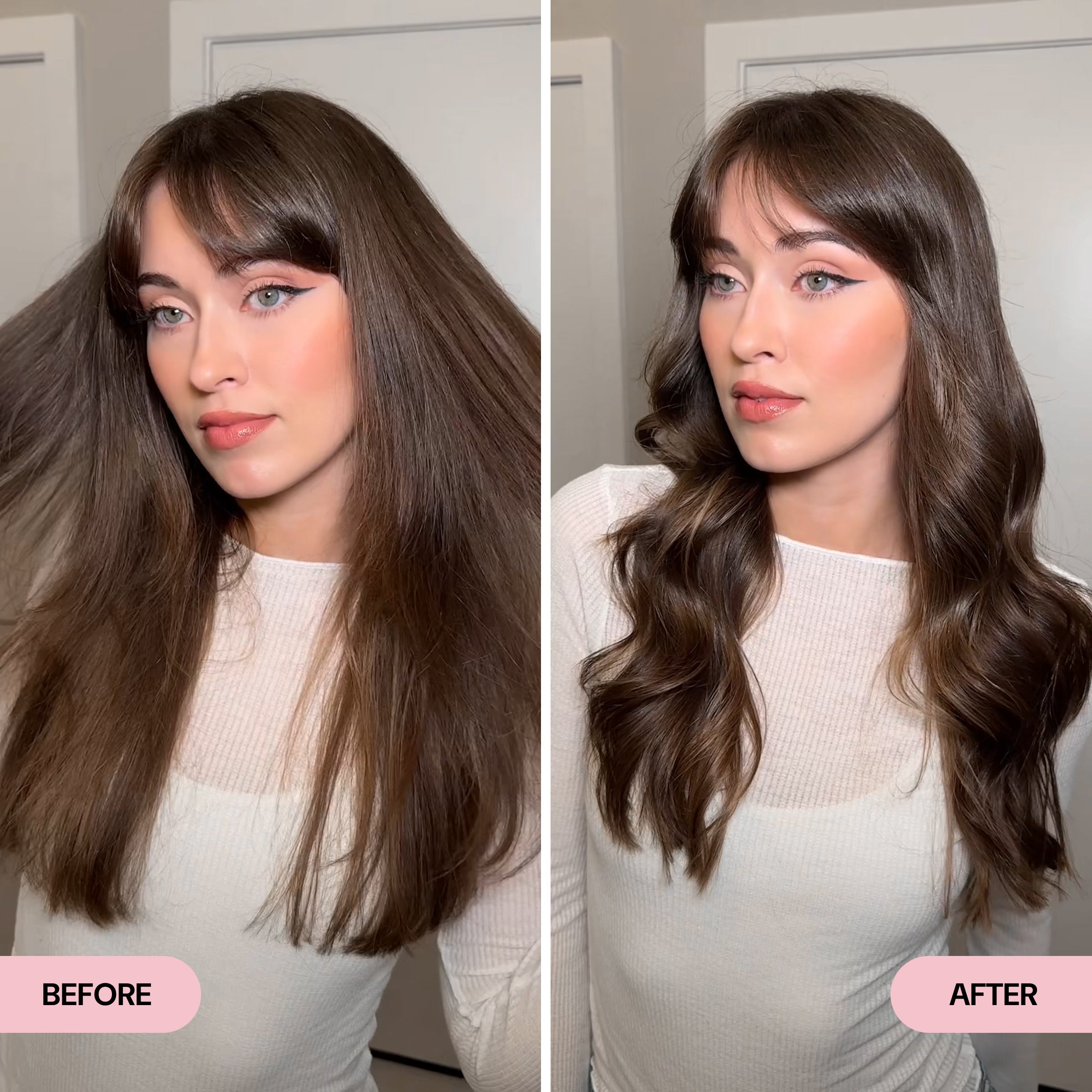 Side-by-side comparison of a woman with thick, straight brown hair in the "Before" image and soft, defined curls with added shine in the "After" image. The transformation showcases enhanced movement, texture, and a polished finish with face-framing waves.