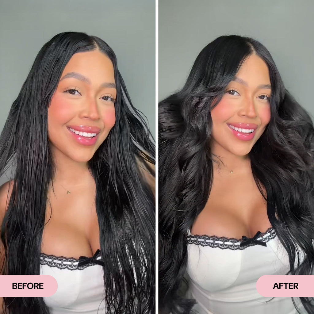 Side-by-side comparison of a woman with damp, flat black hair in the "Before" image and voluminous, glossy curls in the "After" image. The transformation highlights bouncy, styled waves with enhanced body and glamorous finish.