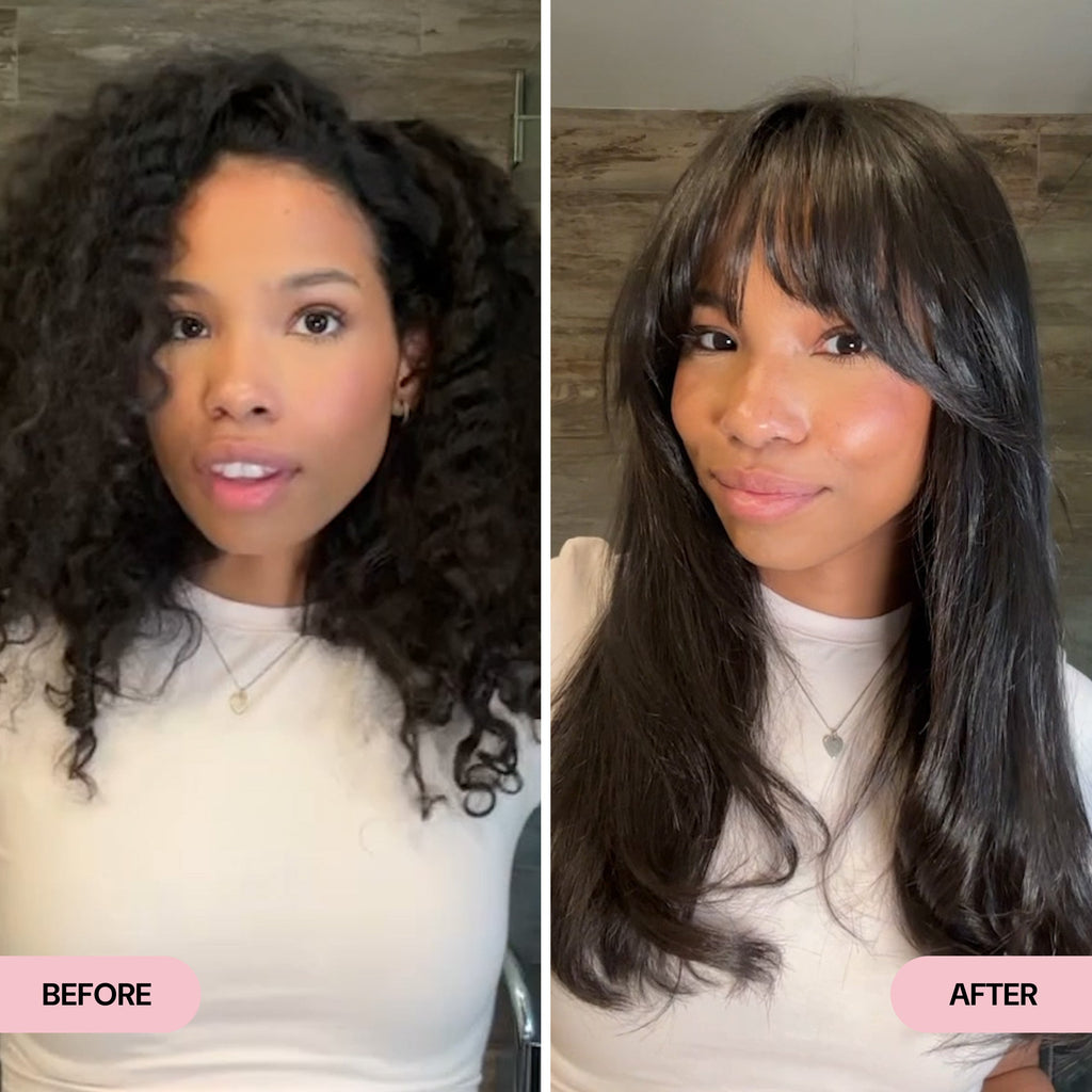Side-by-side comparison of a woman with thick, curly natural hair in the "Before" image and sleek, straight hair with curtain bangs in the "After" image. The transformation showcases a smooth texture, added shine, and a completely restyled silhouette.