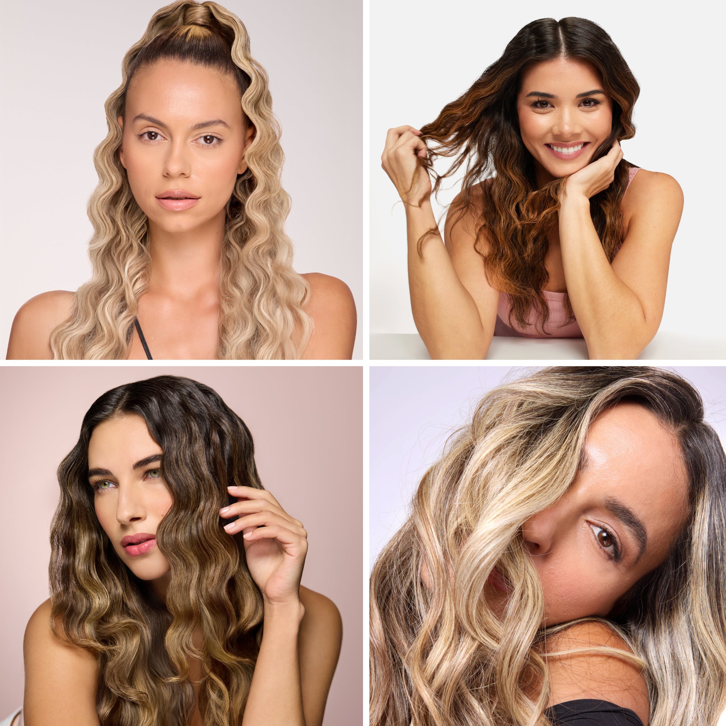 A 2x2 grid of four women with various hair types, each showcasing styled beach waves. The top left shows platinum waves in a half-up ponytail; top right displays ombré waves being playfully tugged; bottom left and right highlight loose, flowing waves with natural sheen.