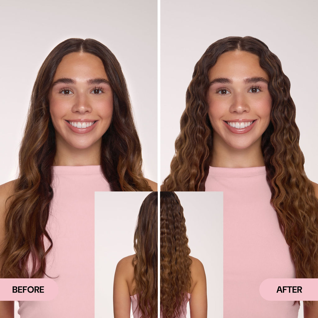 Side-by-side 'Before' and 'After' images of a smiling woman with long brunette hair. The left shows her natural, relaxed waves, while the right reveals more defined, beachy waves. A back view inset at the center highlights the transformation.