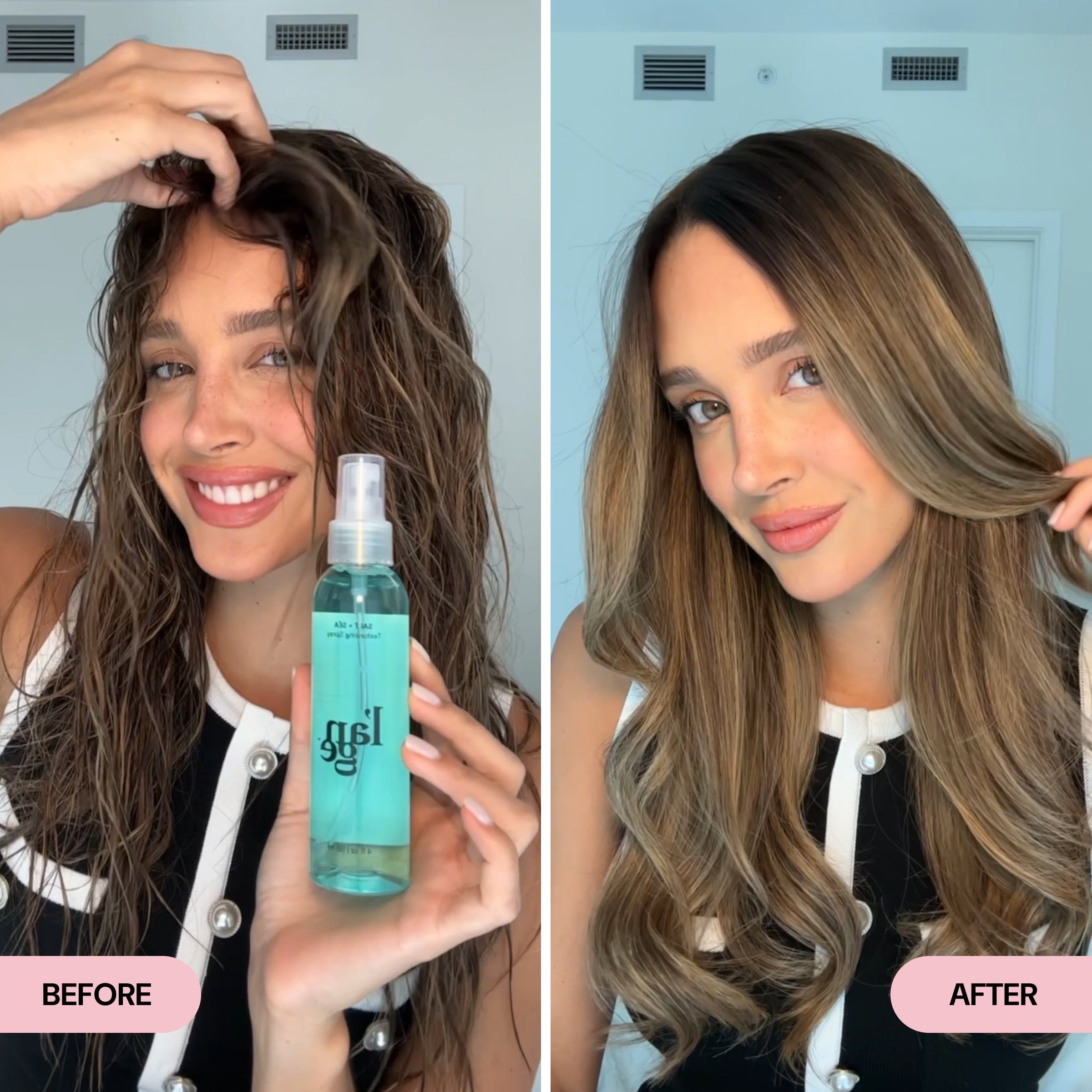 Side-by-side comparison of a woman with damp, textured hair holding a bottle of L’ange Salt + Séa spray in the "Before" image and smooth, voluminous waves in the "After" image. The transformation highlights enhanced shine, softness, and a polished finish with light definition.