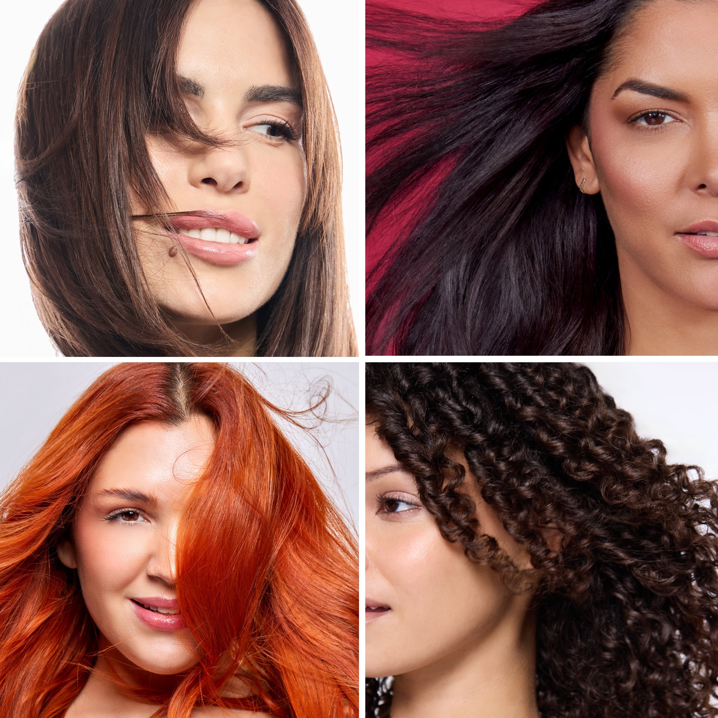 Four women showcasing diverse hair colors and textures: smooth brown, glossy black, vibrant red, and curly dark brown.