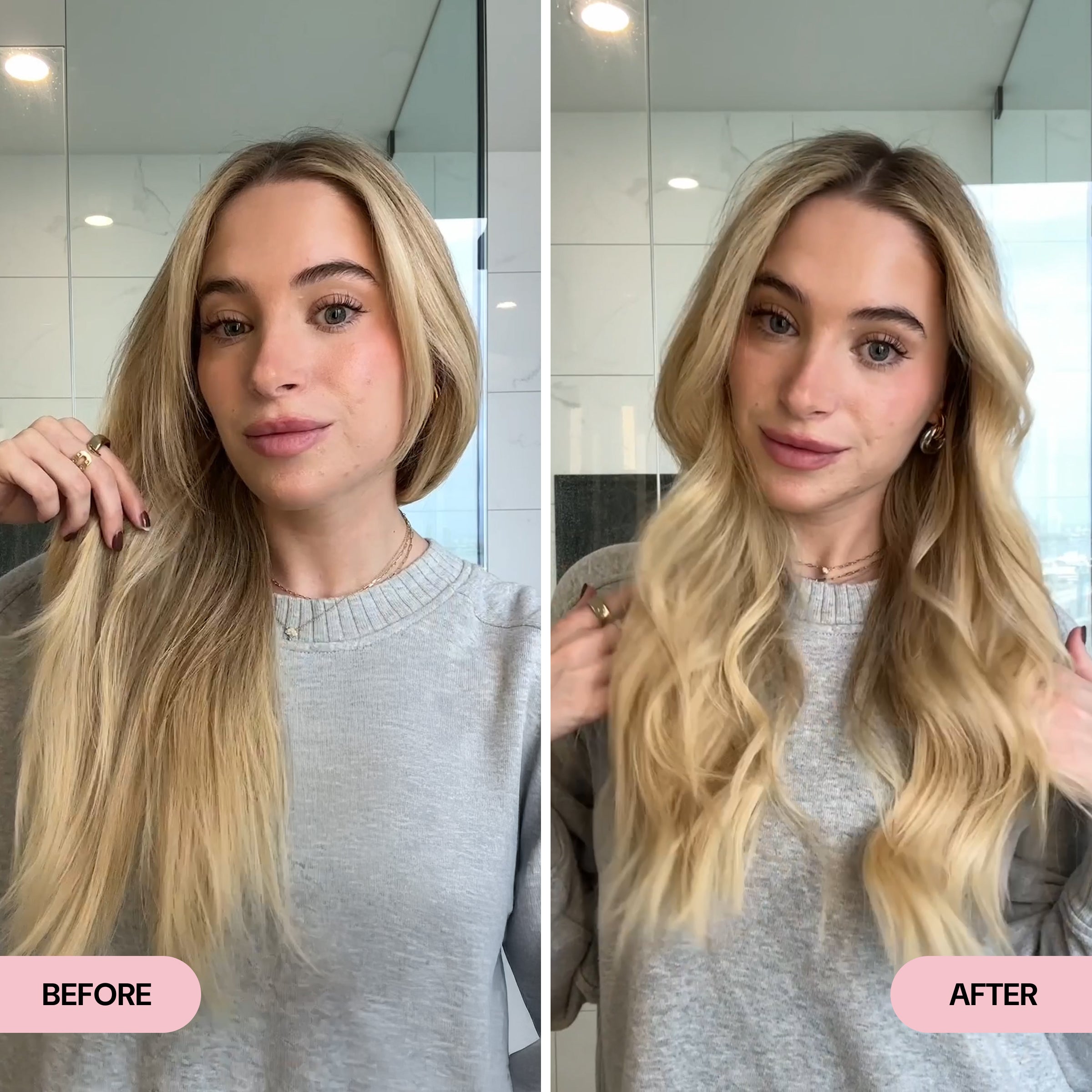 Side-by-side comparison of a woman with straight, slightly dry-looking blonde hair in the "Before" image and smooth, defined waves in the "After" image. The transformation highlights improved texture, shine, and bounce for a healthier, more styled appearance.