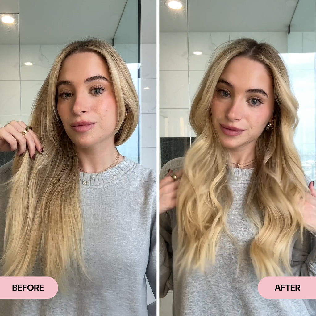 Side-by-side comparison of a woman with straight, slightly dry-looking blonde hair in the "Before" image and smooth, defined waves in the "After" image. The transformation highlights improved texture, shine, and bounce for a healthier, more styled appearance.