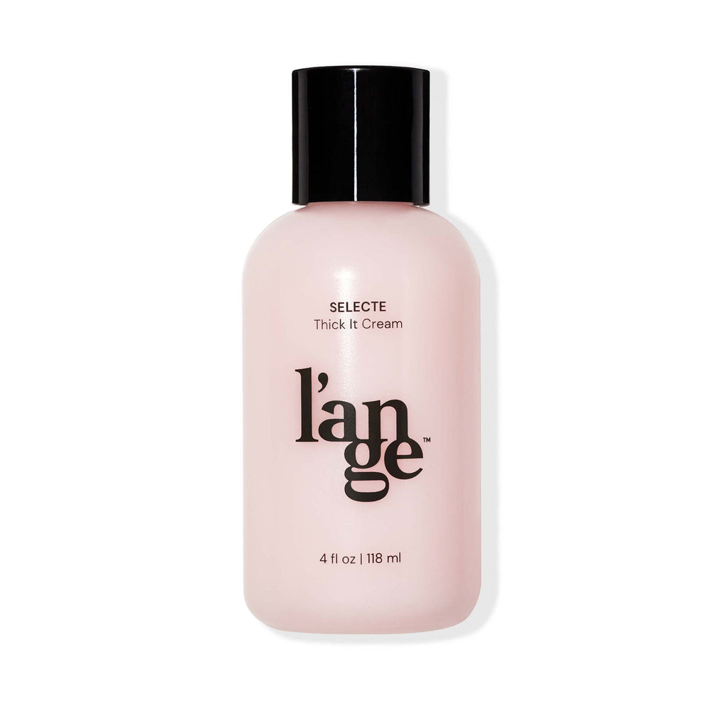Clear 4fl oz bottle of pink Selecte Thick It Cream in black font with black L’ange logo