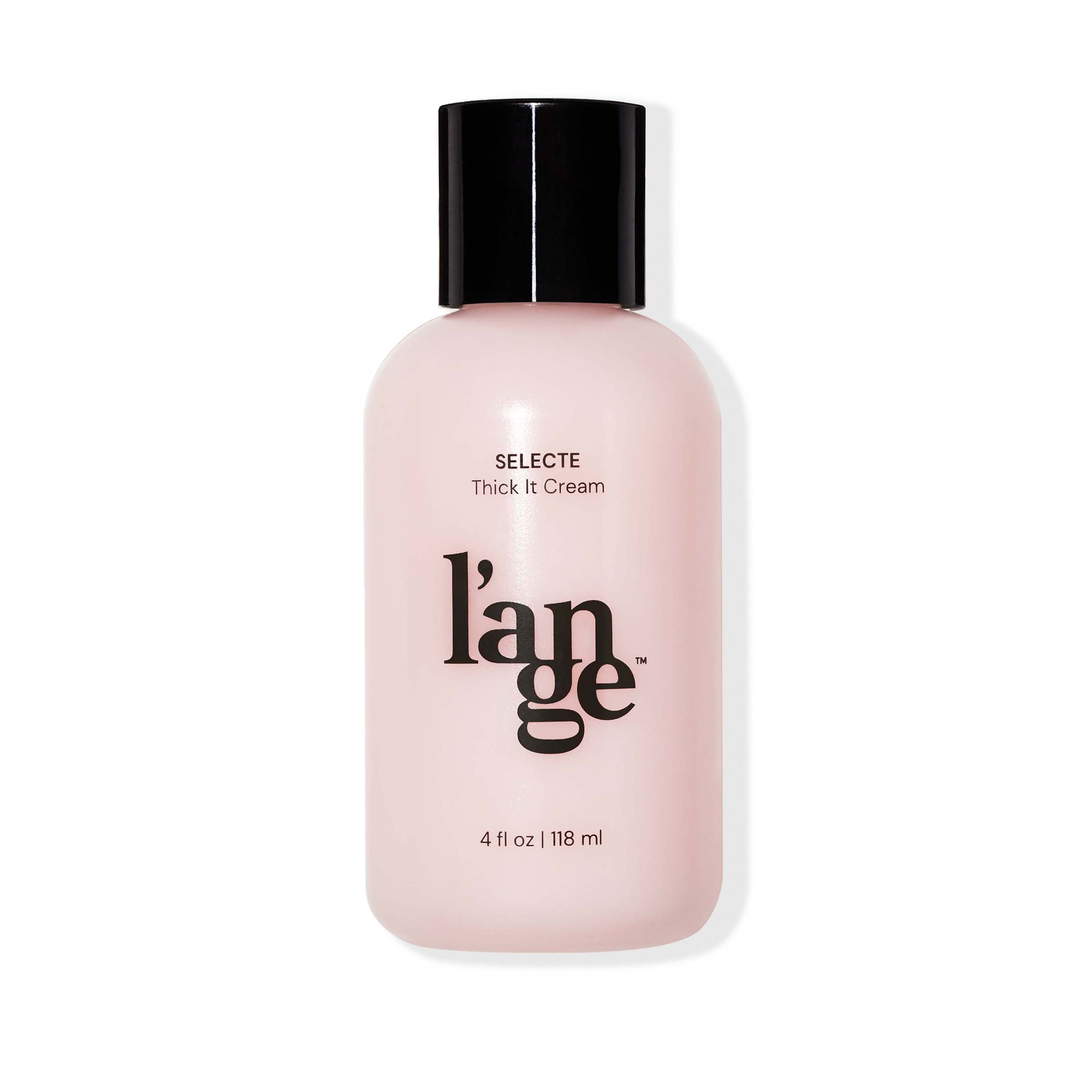 Clear 4fl oz bottle of pink Selecte Thick It Cream in black font with black L’ange logo