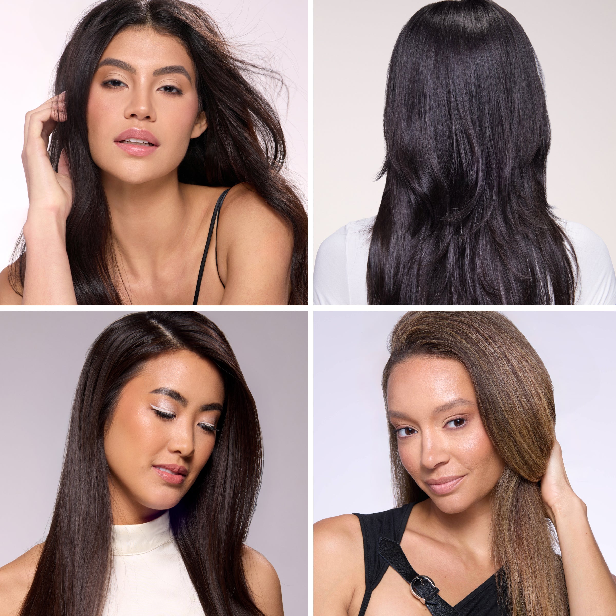 Collage of four women with smooth, shiny hair showcasing different hairstyles and textures.