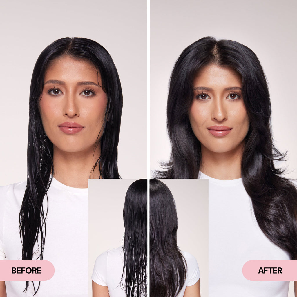 Side-by-side 'Before' and 'After' images of a woman with long, dark hair. The left image shows her hair wet, flat, and unstyled. The right image displays a voluminous, blowout-style finish with soft body and movement. A center inset shows the back view transformation.