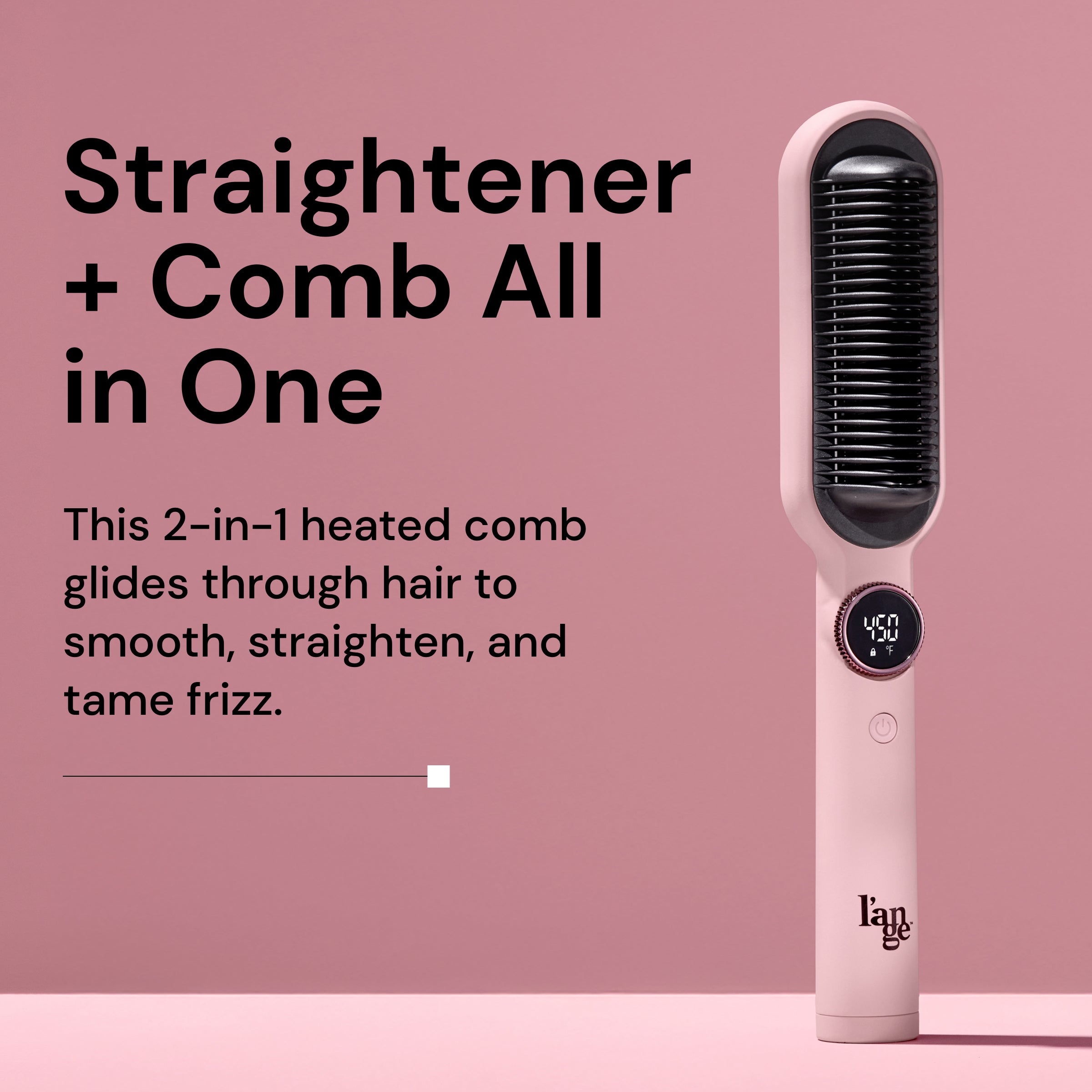 2-in-1 heated comb and straightener in pink, featuring a digital temperature display, designed to smooth, straighten, and tame frizz.
