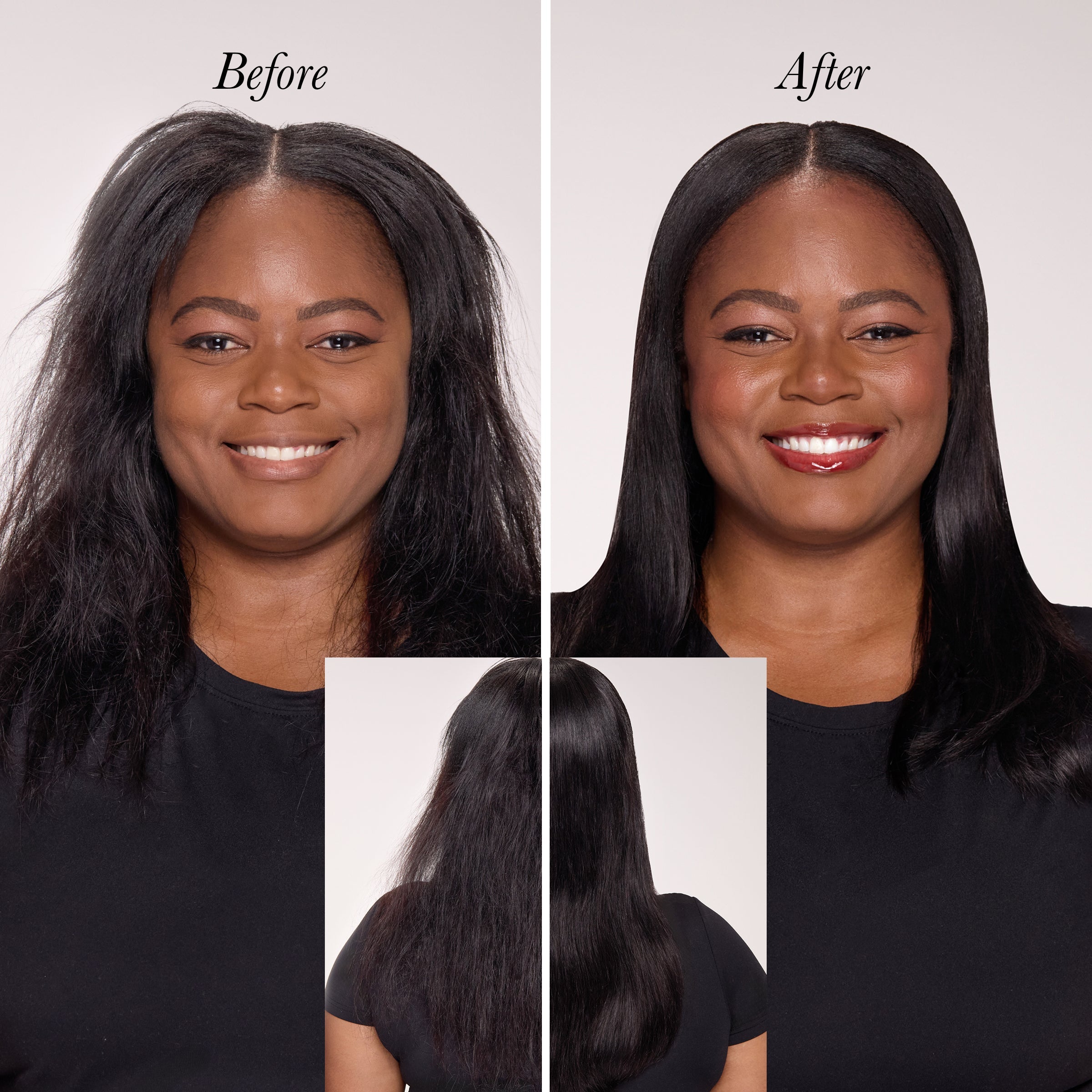 Model showing her before and after using Smooth-It to get a sleek, straight look.