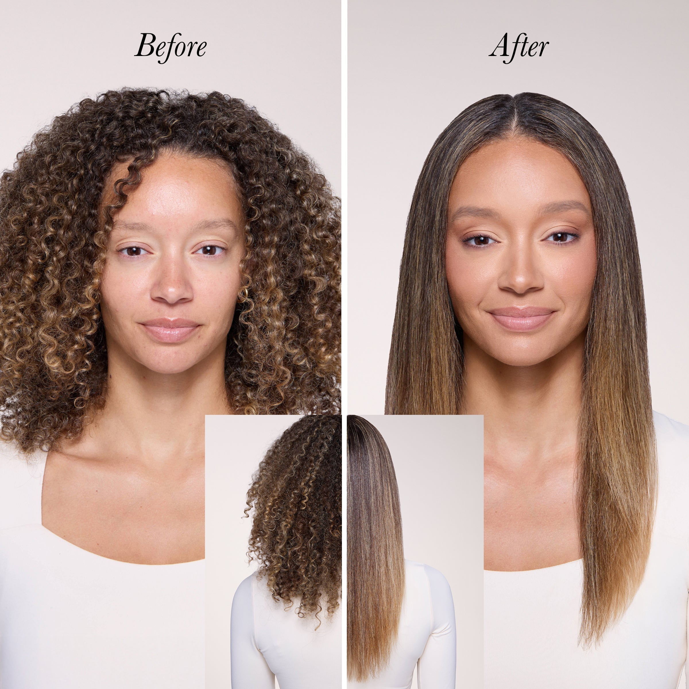 Model before and after showing the hair from curly to straight hair.