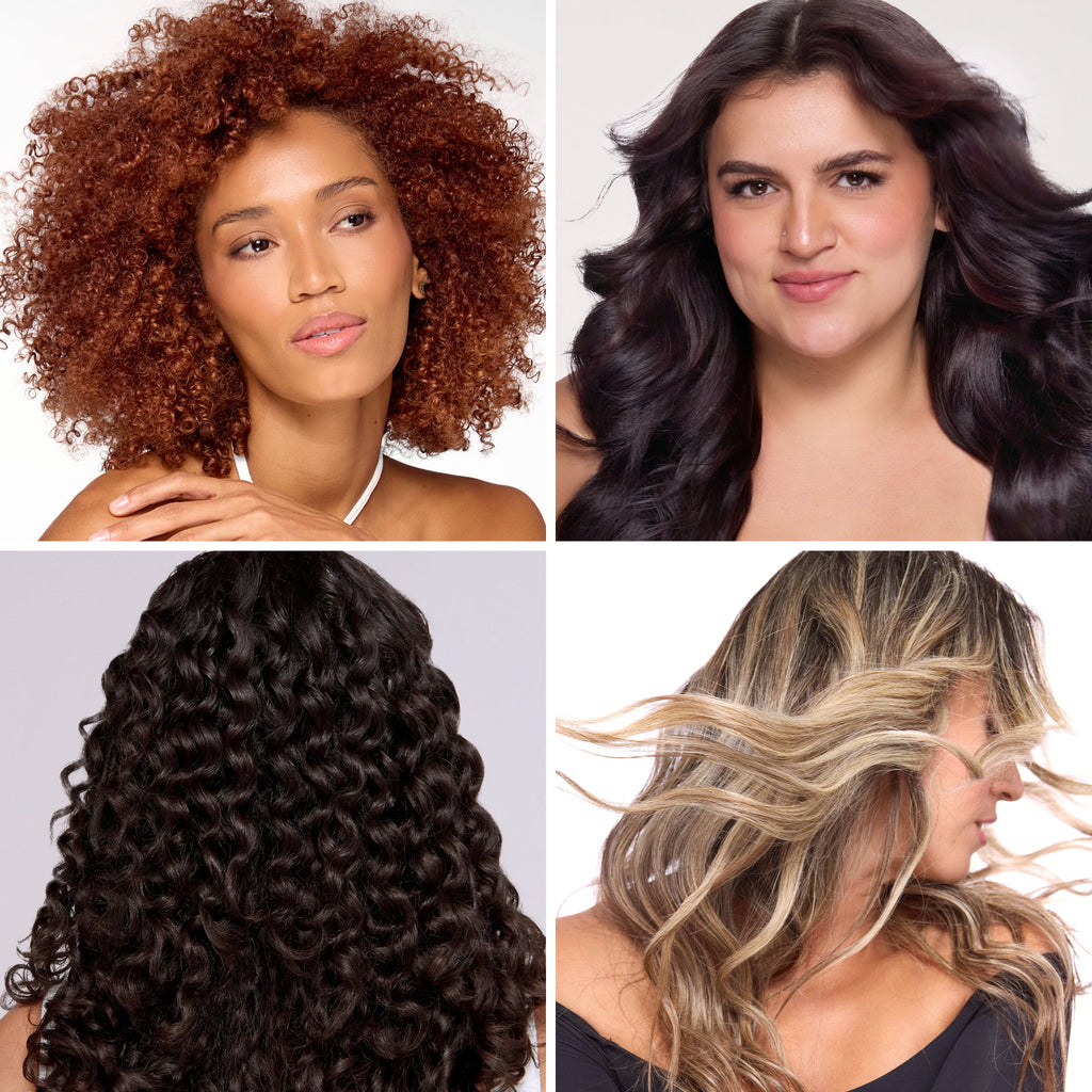 Collage of four women showcasing a variety of curly and wavy hairstyles.