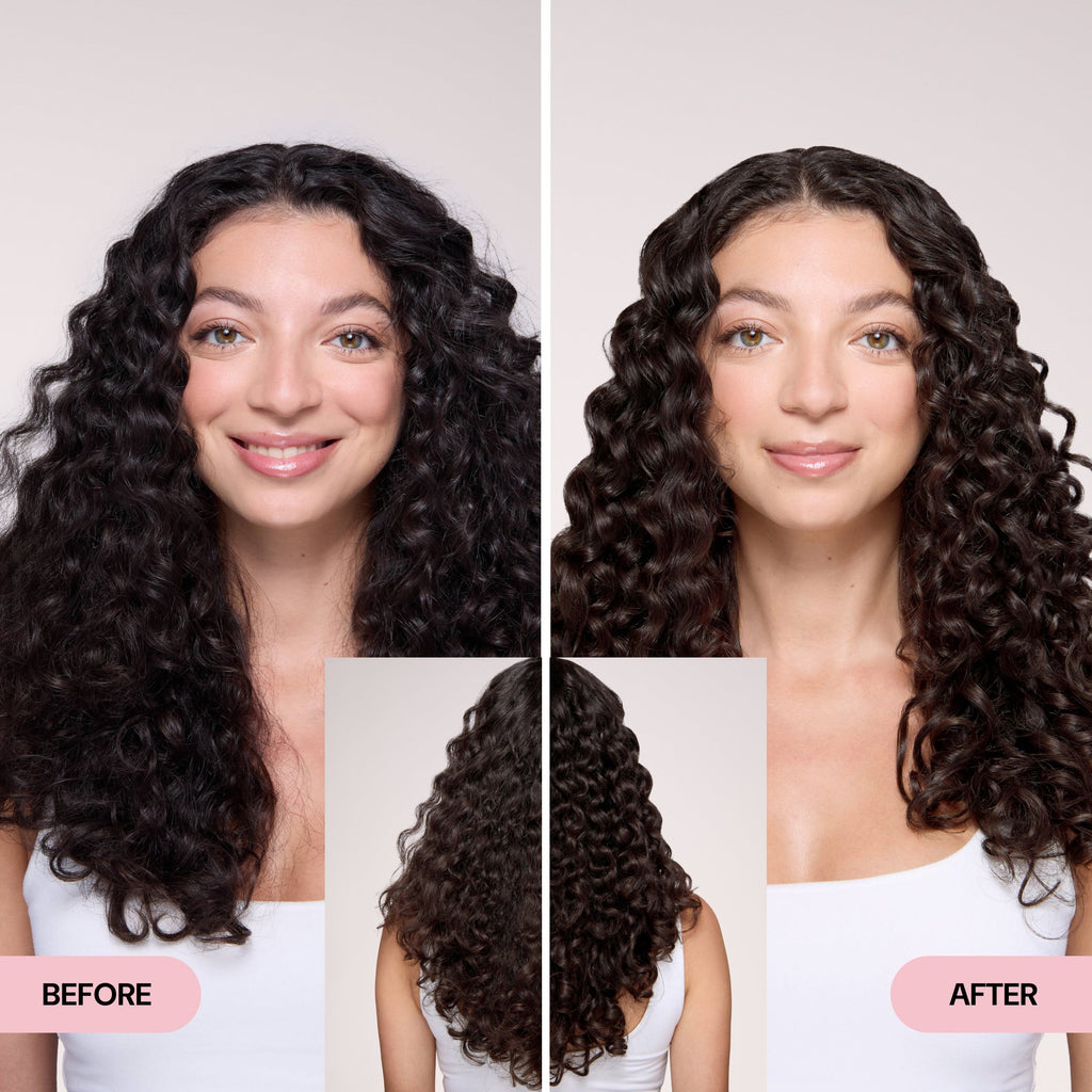A side-by-side comparison of a woman with naturally curly hair. In the 'Before' image, her curls appear soft and undefined. In the 'After' image, her curls are more structured, shiny, and well-defined. An inset image at the center shows the back view, emphasizing the transformation in texture and shape