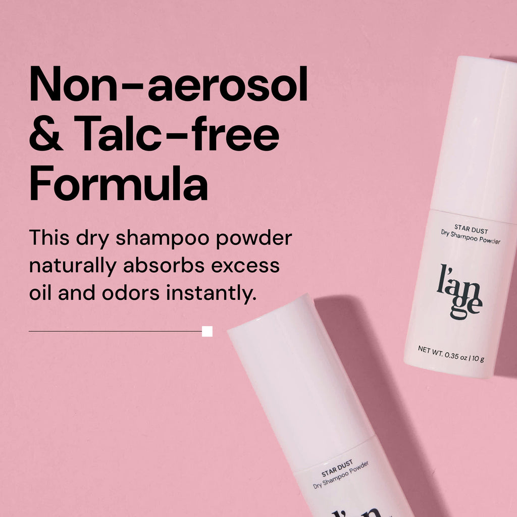Non-aerosol, talc-free dry shampoo powder designed to absorb excess oil and odors instantly, featuring pink packaging and the brand name "l’ange".