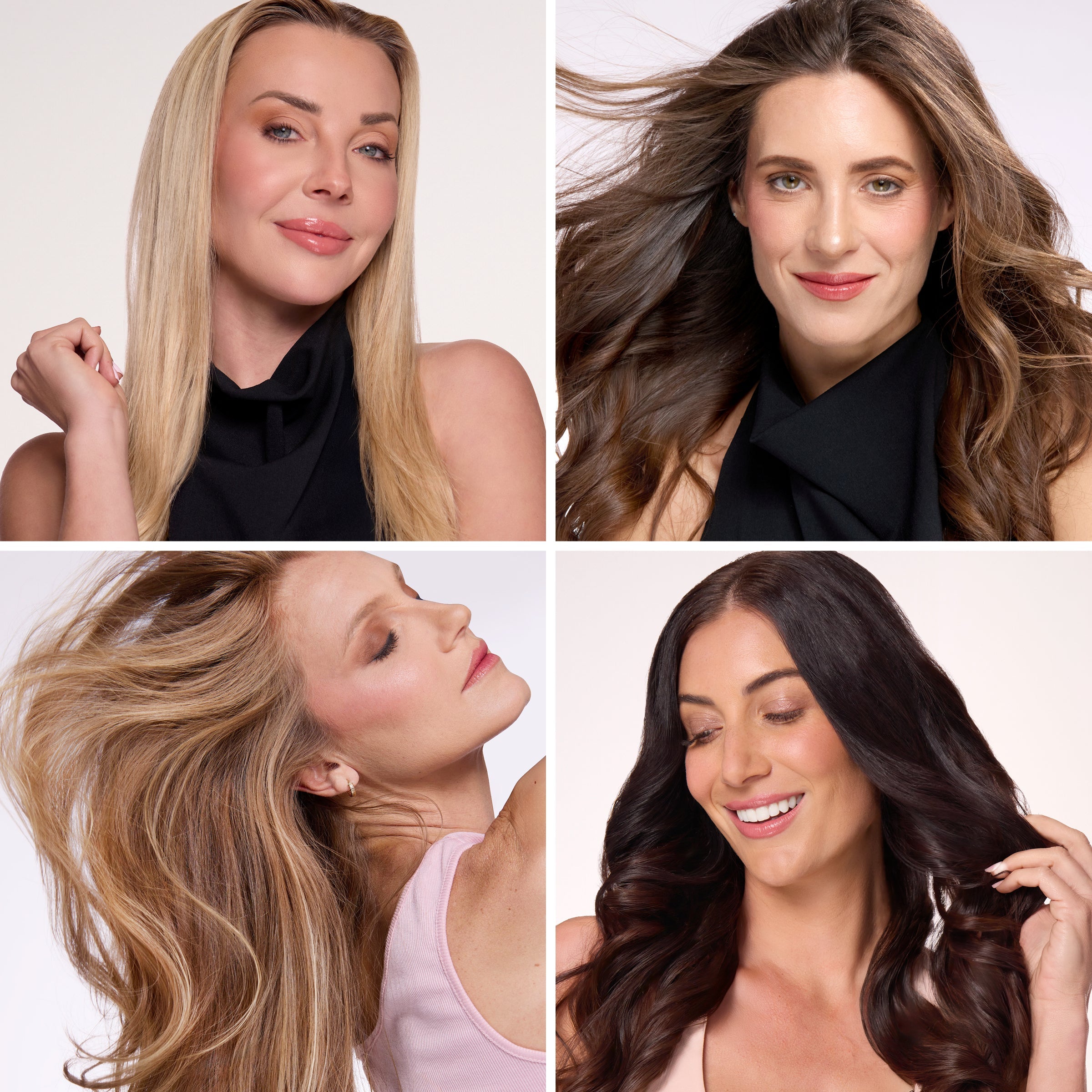 Collage showcasing four women with diverse hairstyles: sleek blonde, wavy brunette, voluminous blonde, and glossy dark brown, each styled elegantly to highlight hair texture and shine.