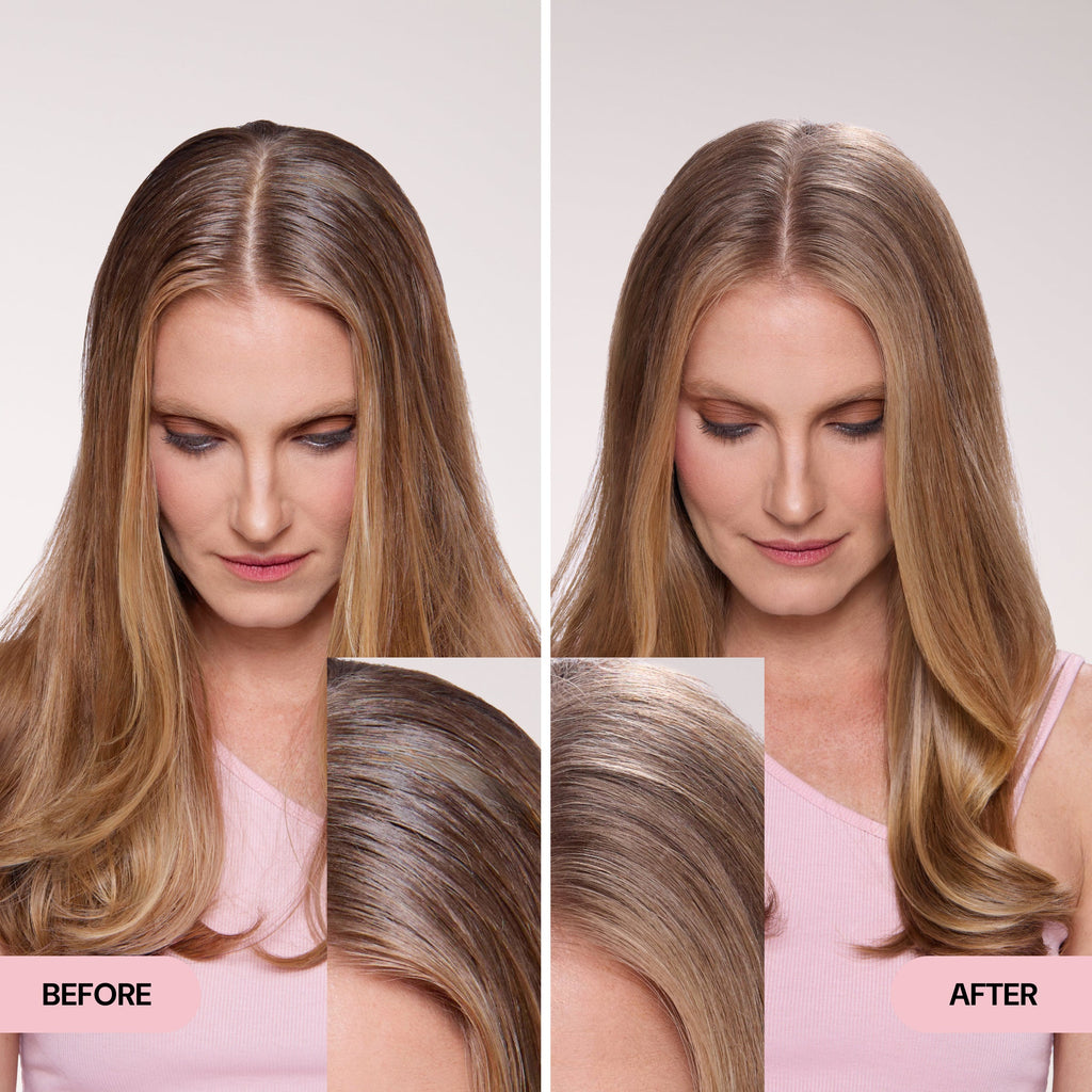 Before & after model showing the top of hair and a close up of the transformation after using Style Revival. 