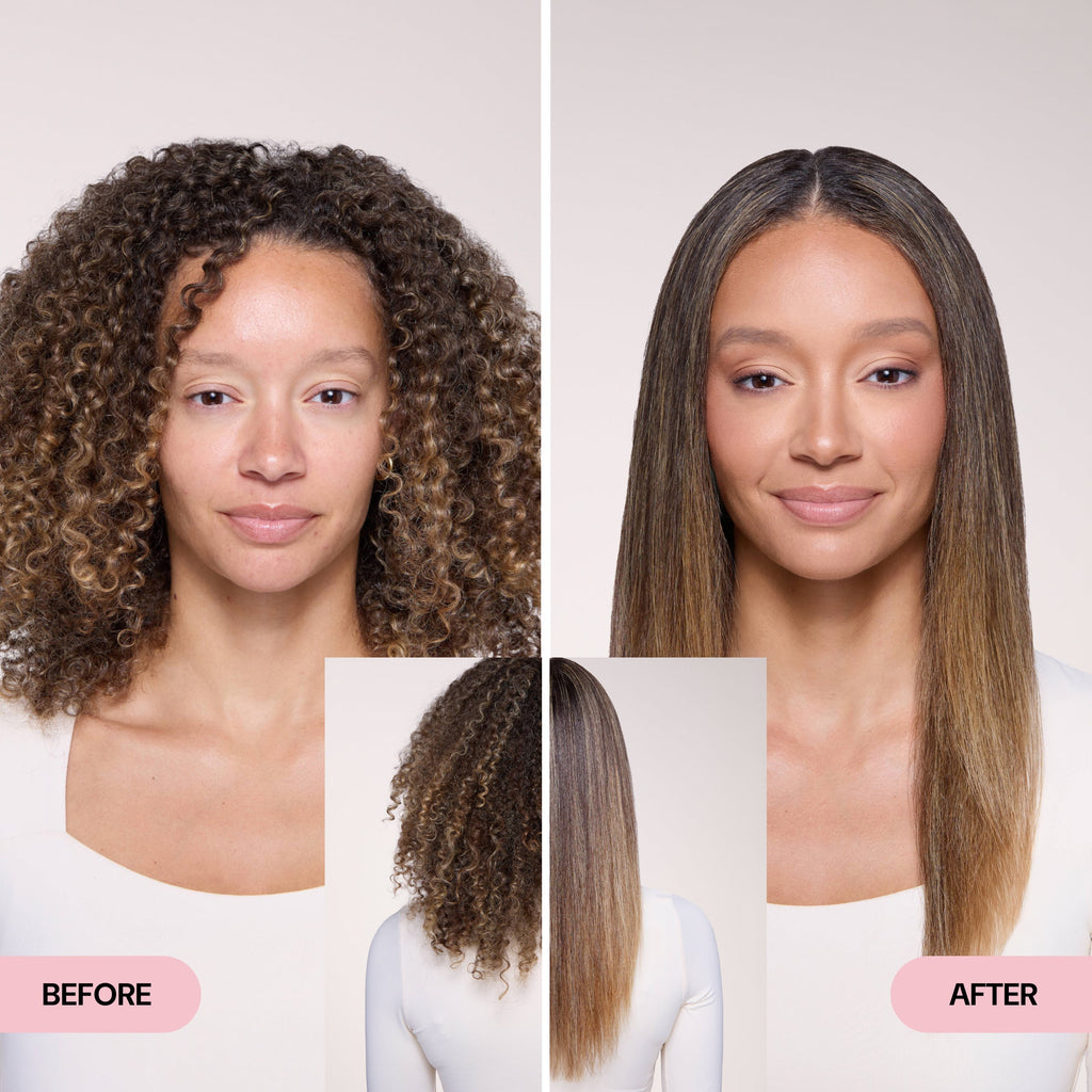 Before and after comparison showing transformation from curly to straight, smooth hair.