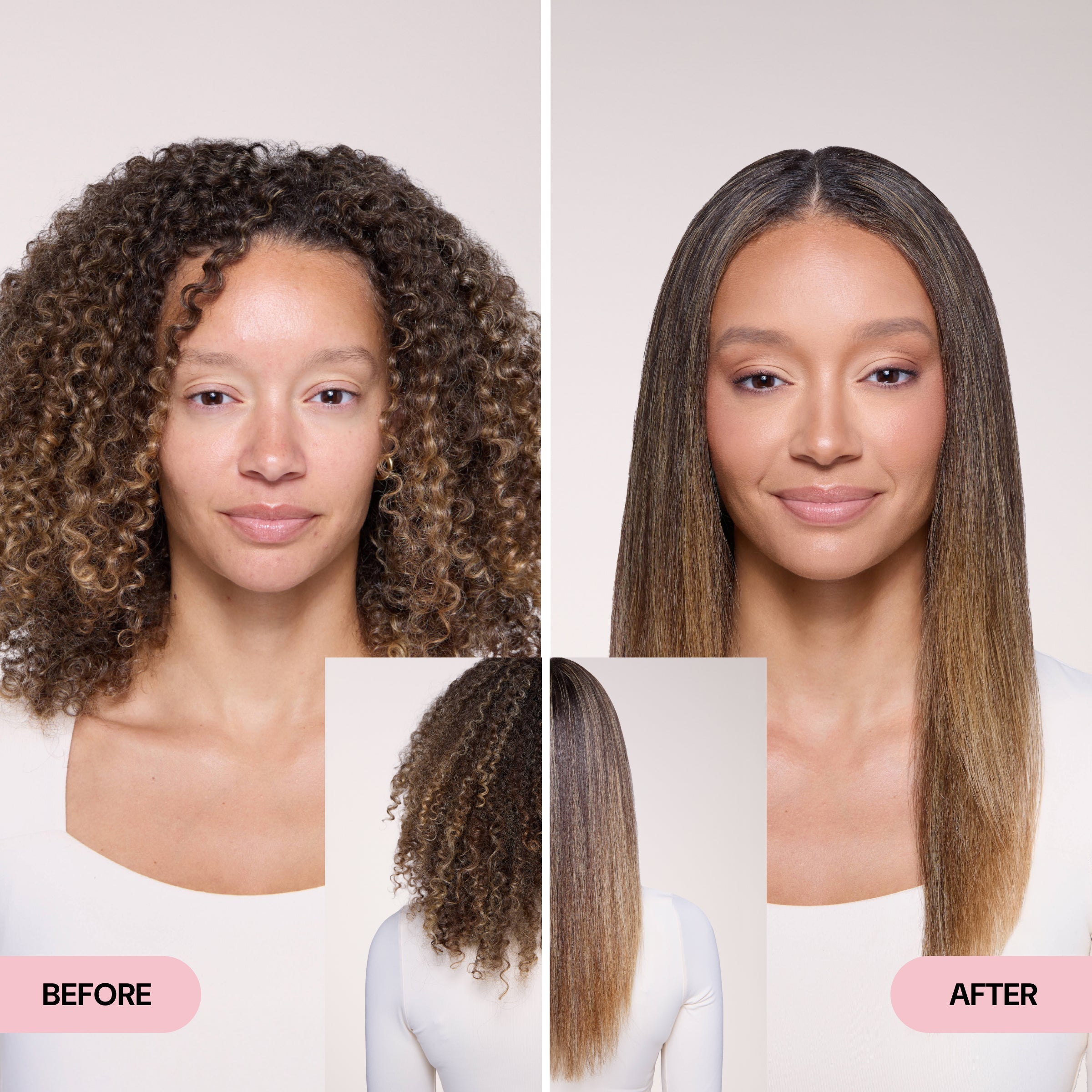 Before and after comparison showing transformation from curly to straight, smooth hair.