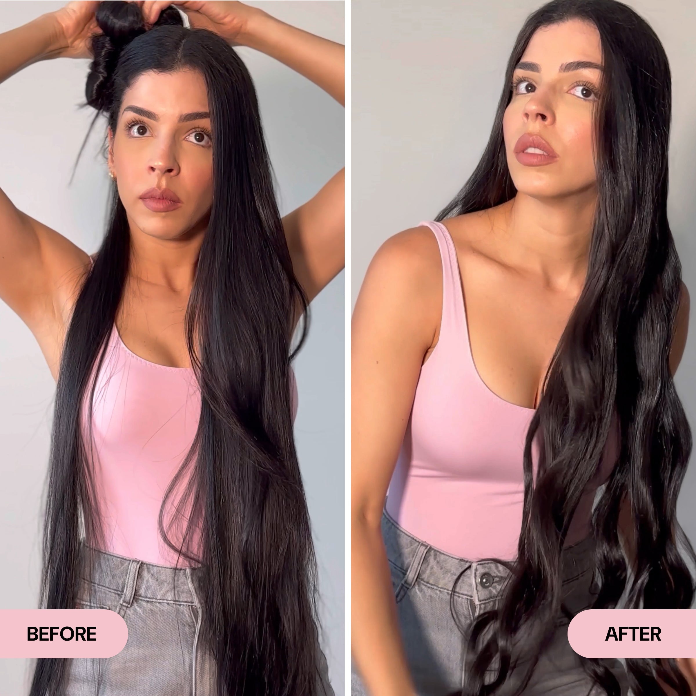 Side-by-side comparison of a woman with very long, sleek black hair in the "Before" image and defined, flowing waves in the "After" image. The transformation highlights added texture, shine, and elegant wave definition.