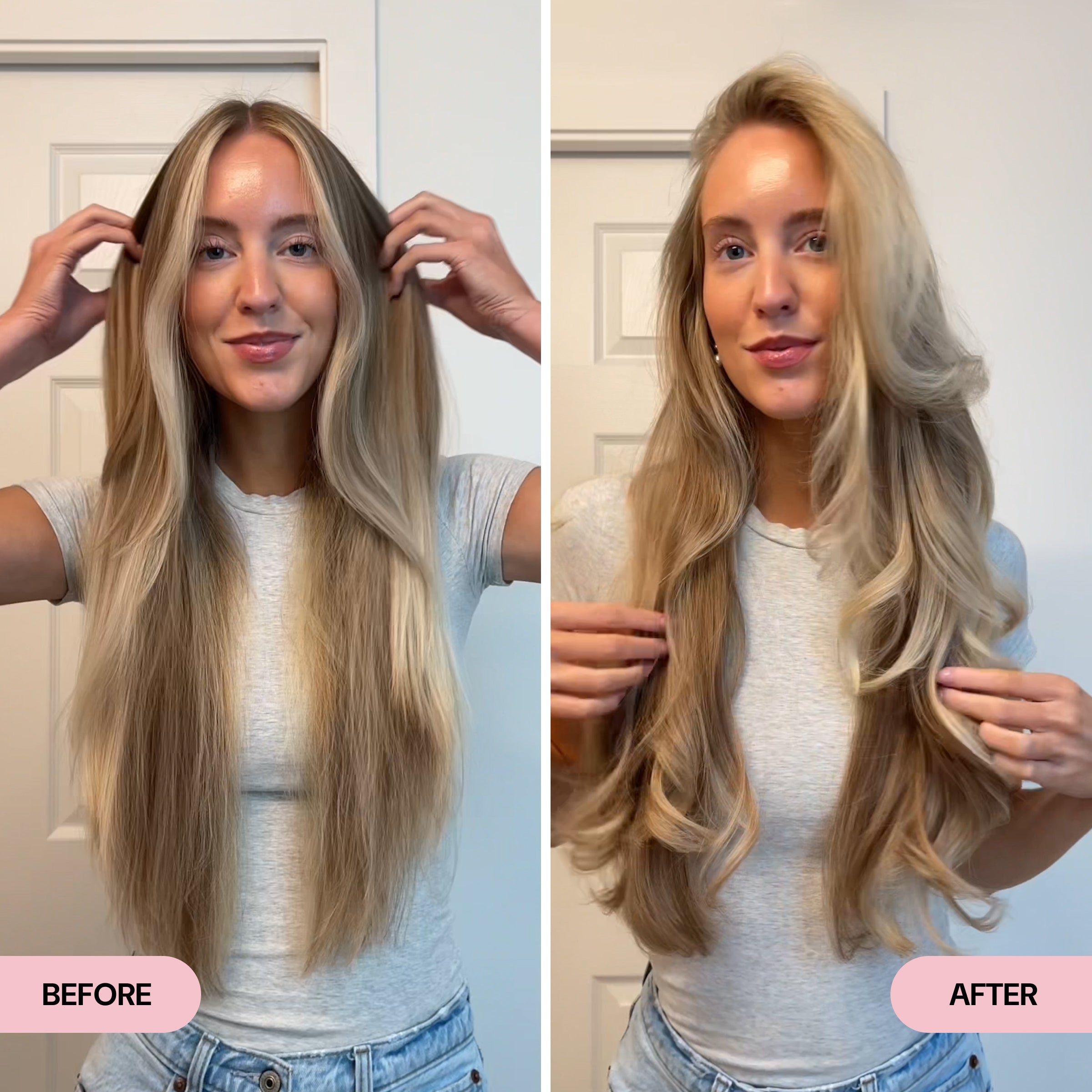 Side-by-side comparison of a woman with long, straight blonde hair in the "Before" image and voluminous, softly curled hair in the "After" image. The transformation emphasizes lifted roots, enhanced body, and smooth, flowing curls.