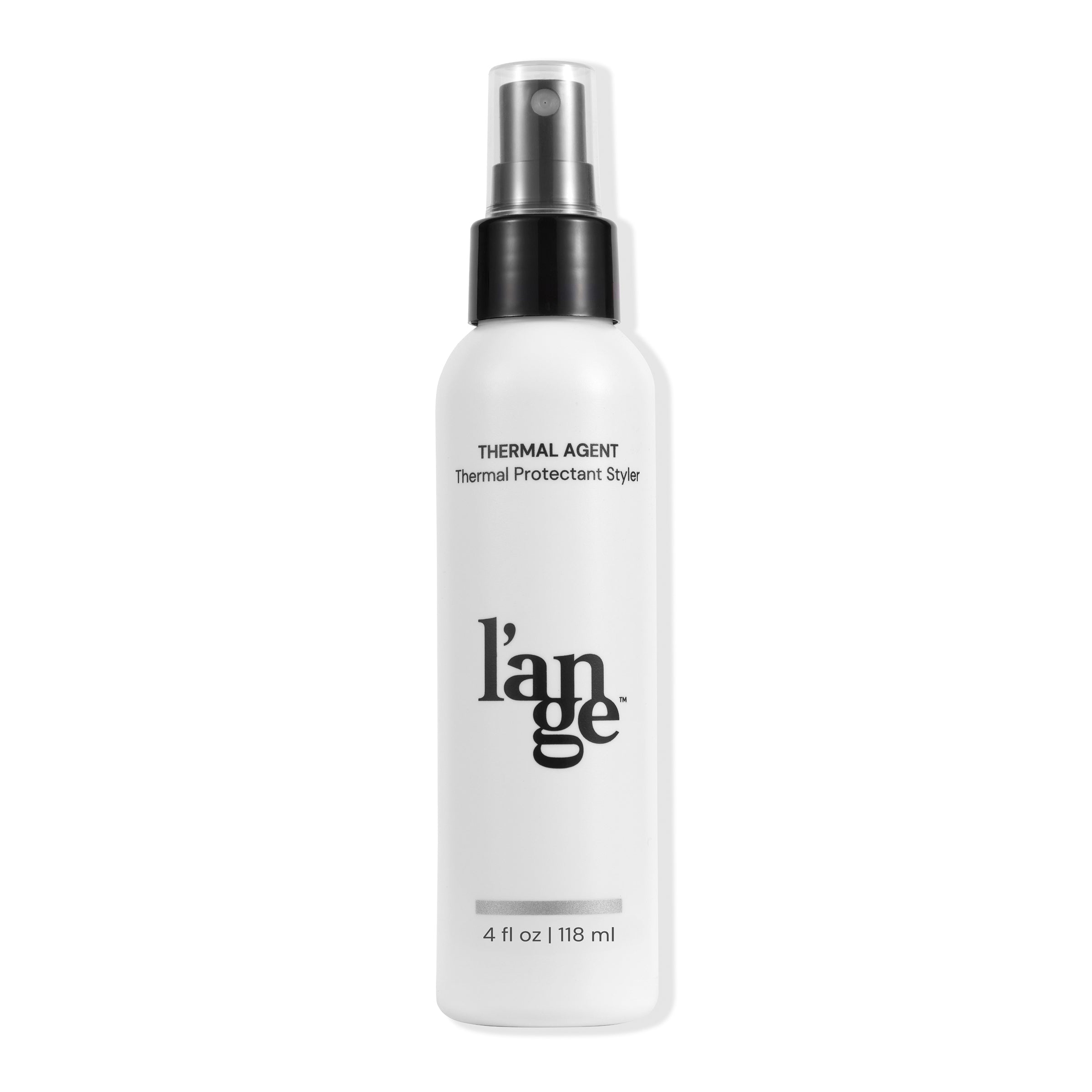 White bottle of L’ange Thermal Agent, a thermal protectant styler, 4 fl oz (118 ml), with a black spray cap.