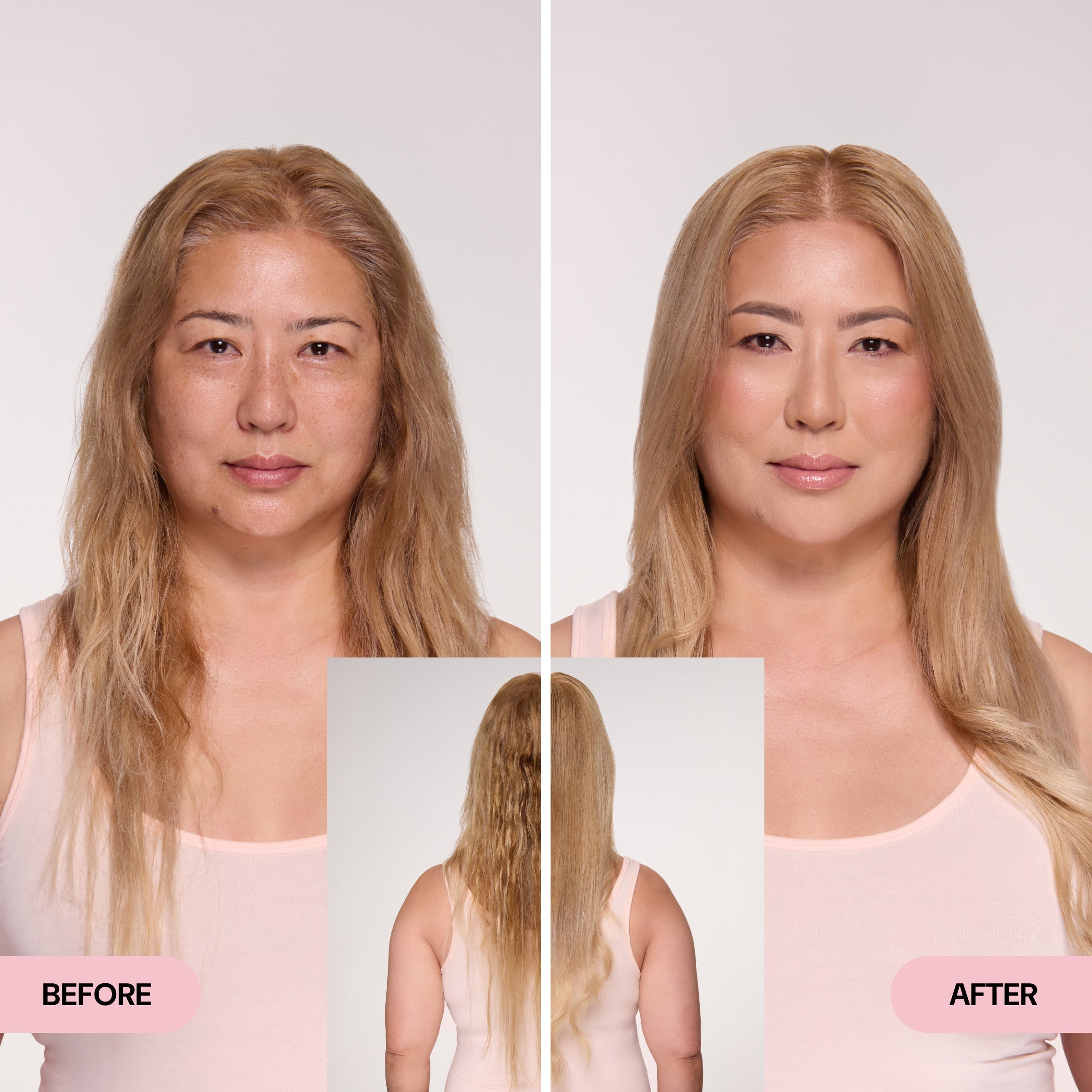 Side-by-side comparison showcasing a woman with long, wavy hair before and smoother, more polished hair after. An additional view highlights hair texture and length changes from the back.