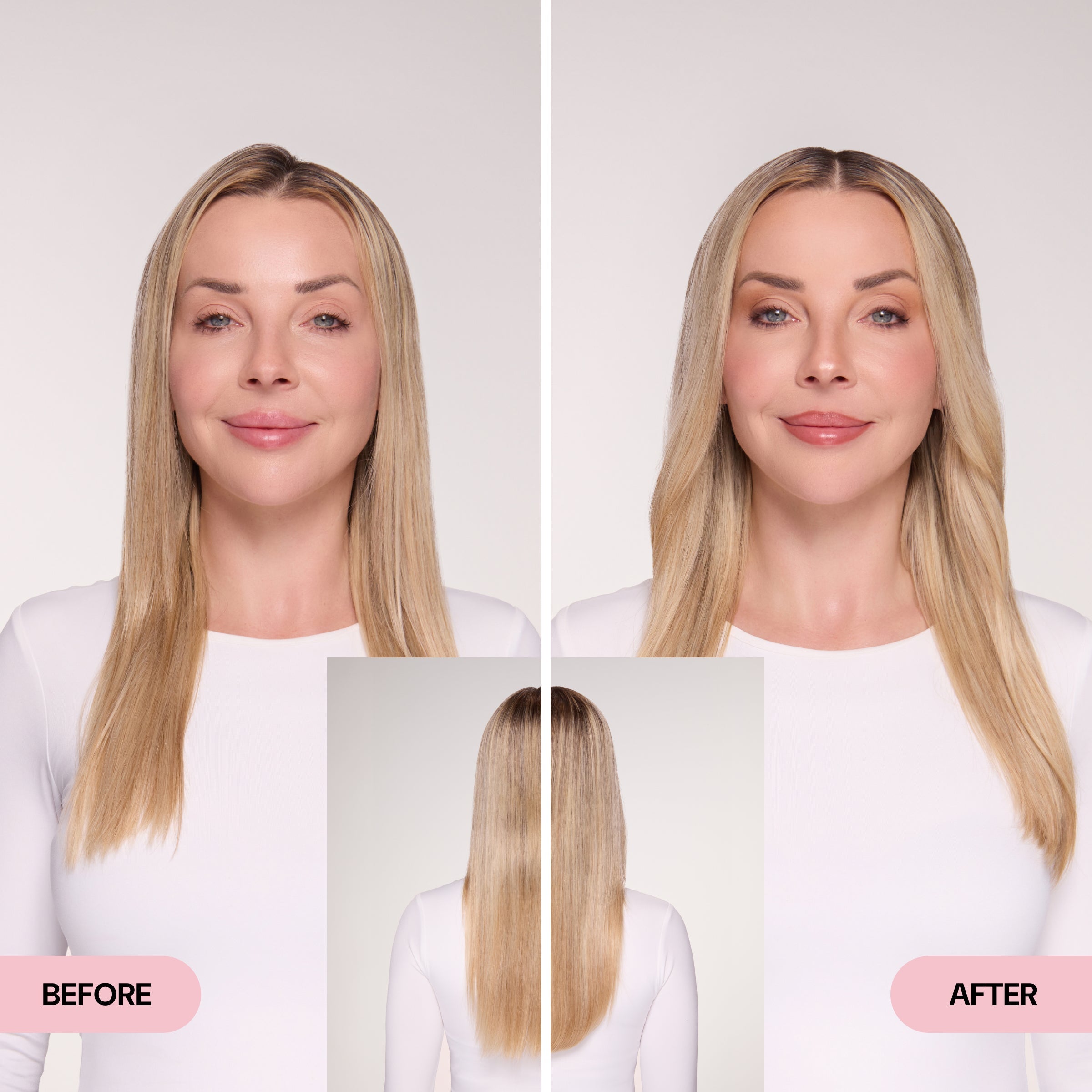Before and after comparison showcases hair improvement with enhanced fullness and shine. Front and back views highlight the transformation.