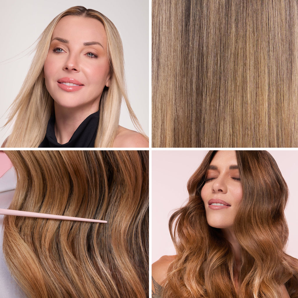 Four-panel collage showcasing various hairstyles and textures. Top left: person with sleek, straight blond hair. Top right: close-up of straight, layered hair showcasing color highlights. Bottom left: wavy brown hair with a highlighting tool indicating texture. Bottom right: person with long, voluminous brown waves.