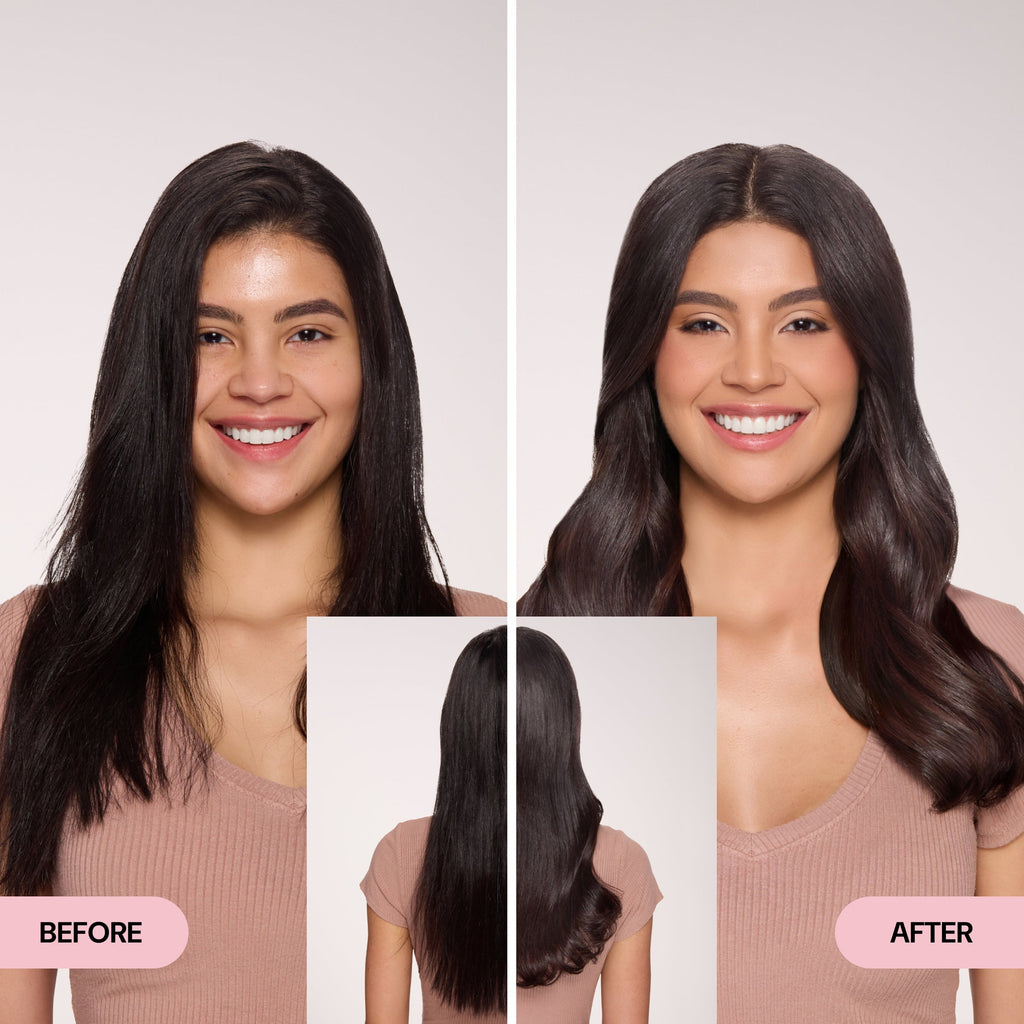 Before and after comparison showcasing a woman's hair transformation, with added volume and shine. The front view highlights the smooth, styled look, while a rear view emphasizes the hair's length and health.