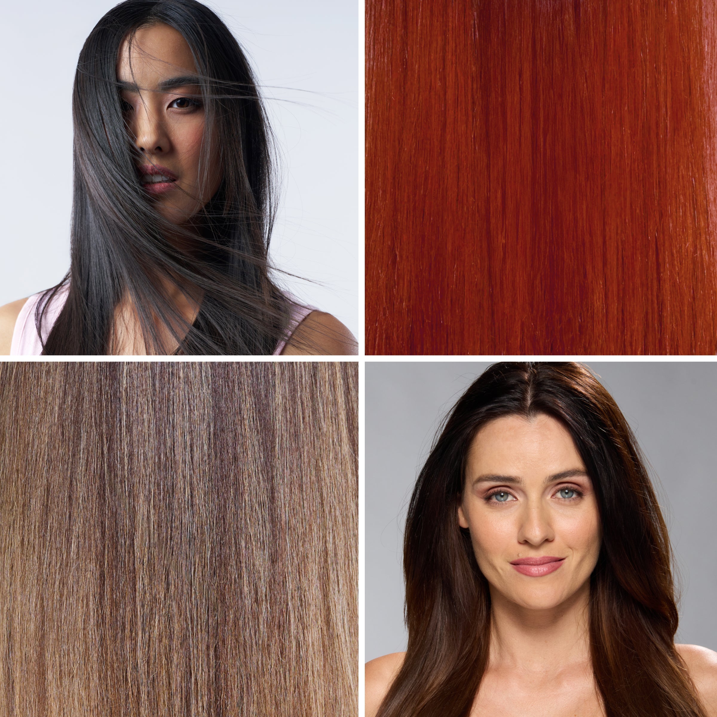 Collage of diverse hair types and colors, including close-ups and portraits of smooth, healthy-looking hair.