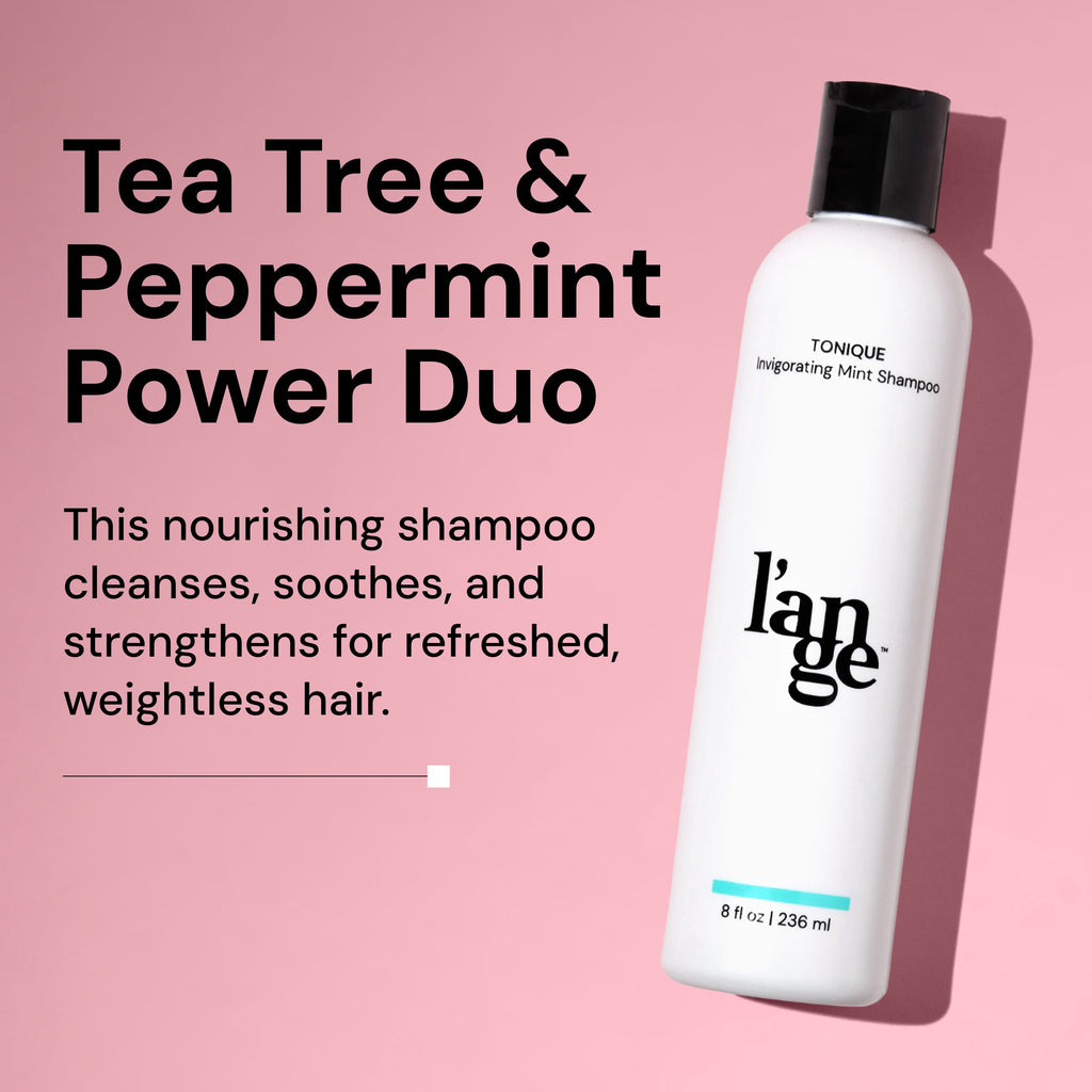Tea Tree & Peppermint power duo claim image of Tonique Mint Shampoo. 