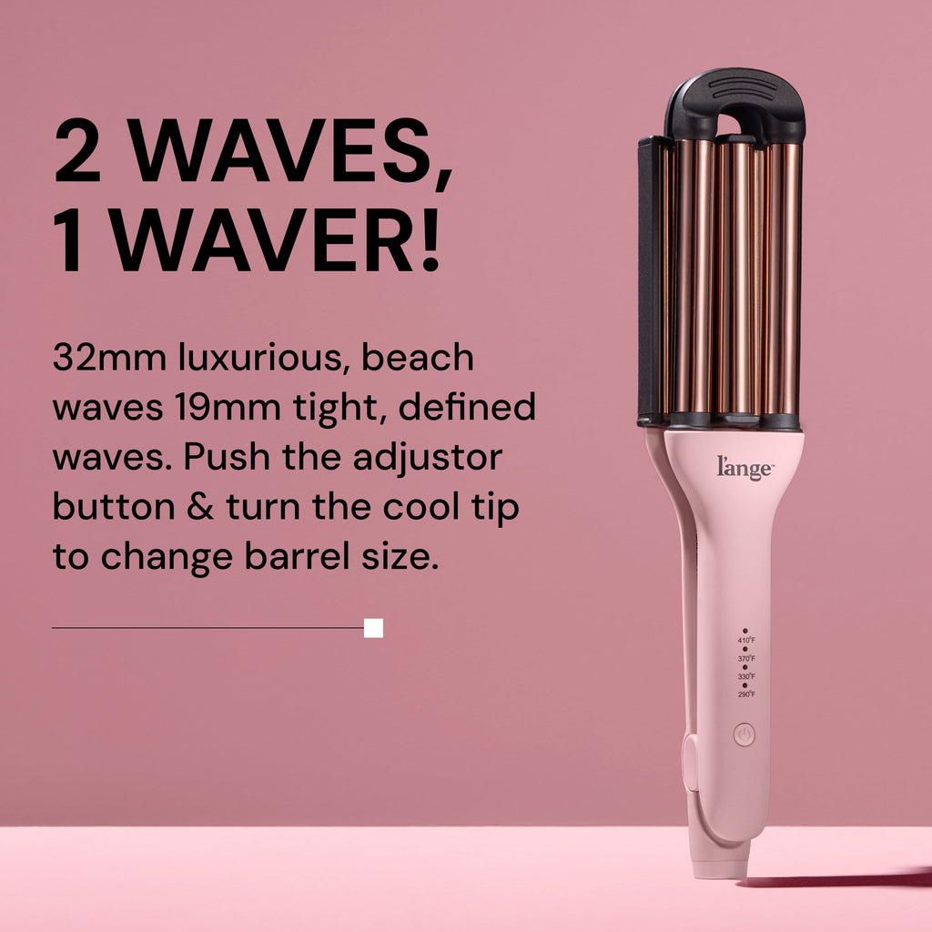 L’ange VersaWaver styling tool with dual barrel sizes standing upright on a pink background. Bold black text reads: ‘2 Waves, 1 Waver!’ Subheading describes: ‘32mm luxurious, beach waves; 19mm tight, defined waves. Push the adjustor button & turn the cool tip to change barrel size.
