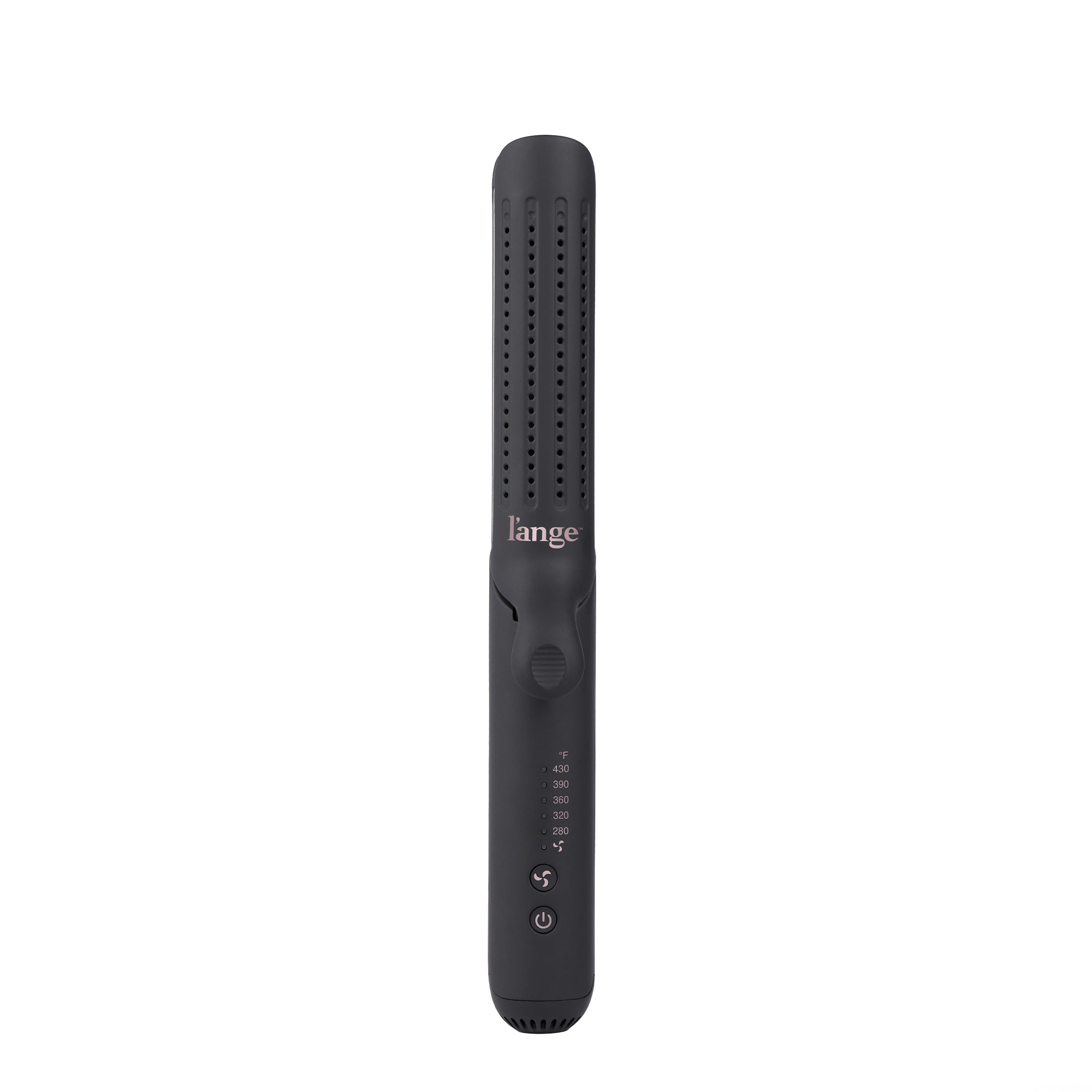 Sleek black hair styling tool with adjustable temperature settings and digital controls, designed for versatile hair management.