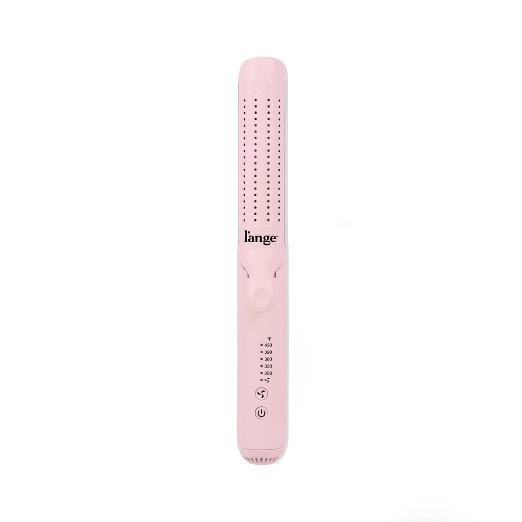 Pink hair straightener with adjustable temperature settings and power button, featuring a sleek design.