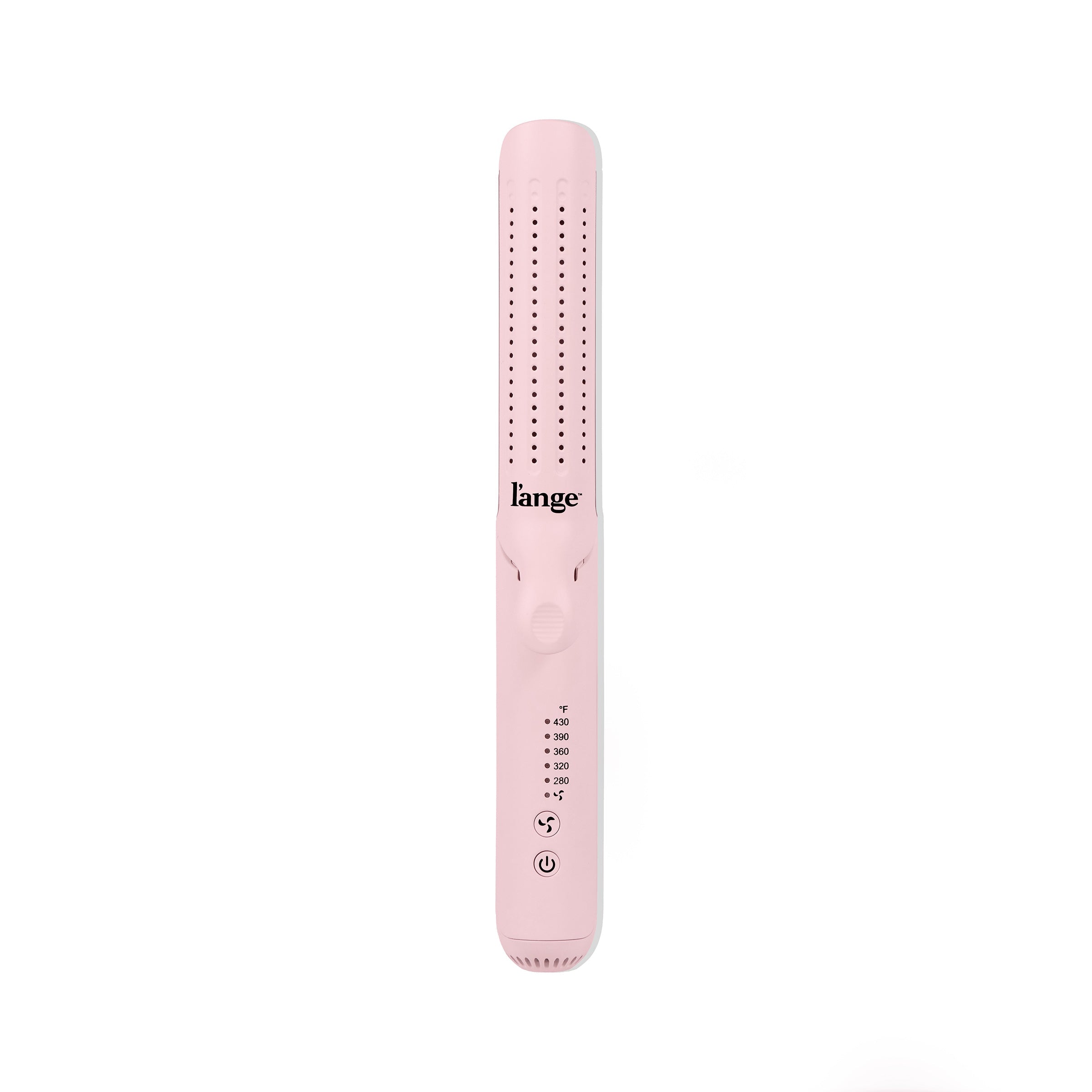 Pink hair straightener with adjustable temperature settings and power button, featuring a sleek design.