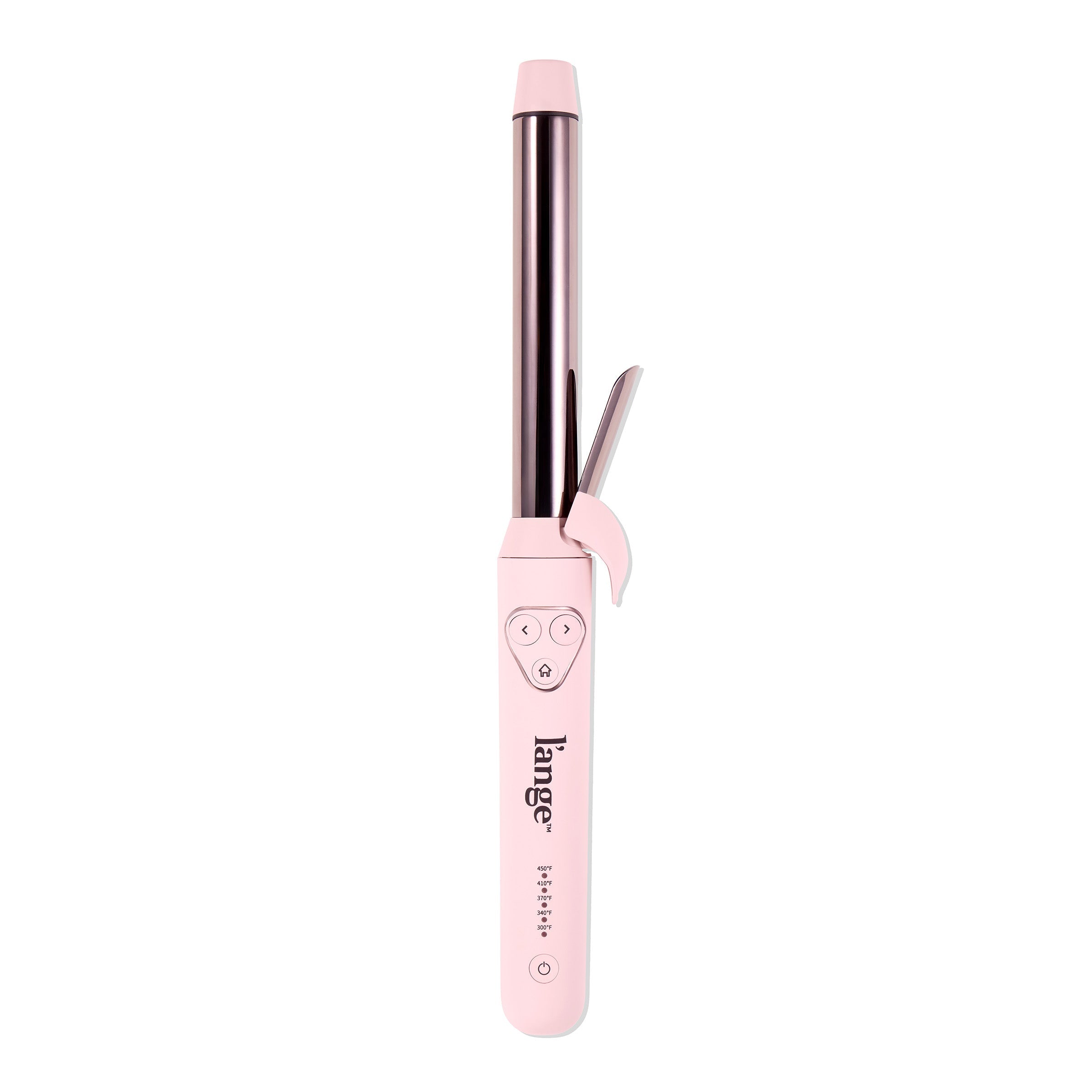 Pink curling iron with a sleek barrel and ergonomic handle featuring control buttons.