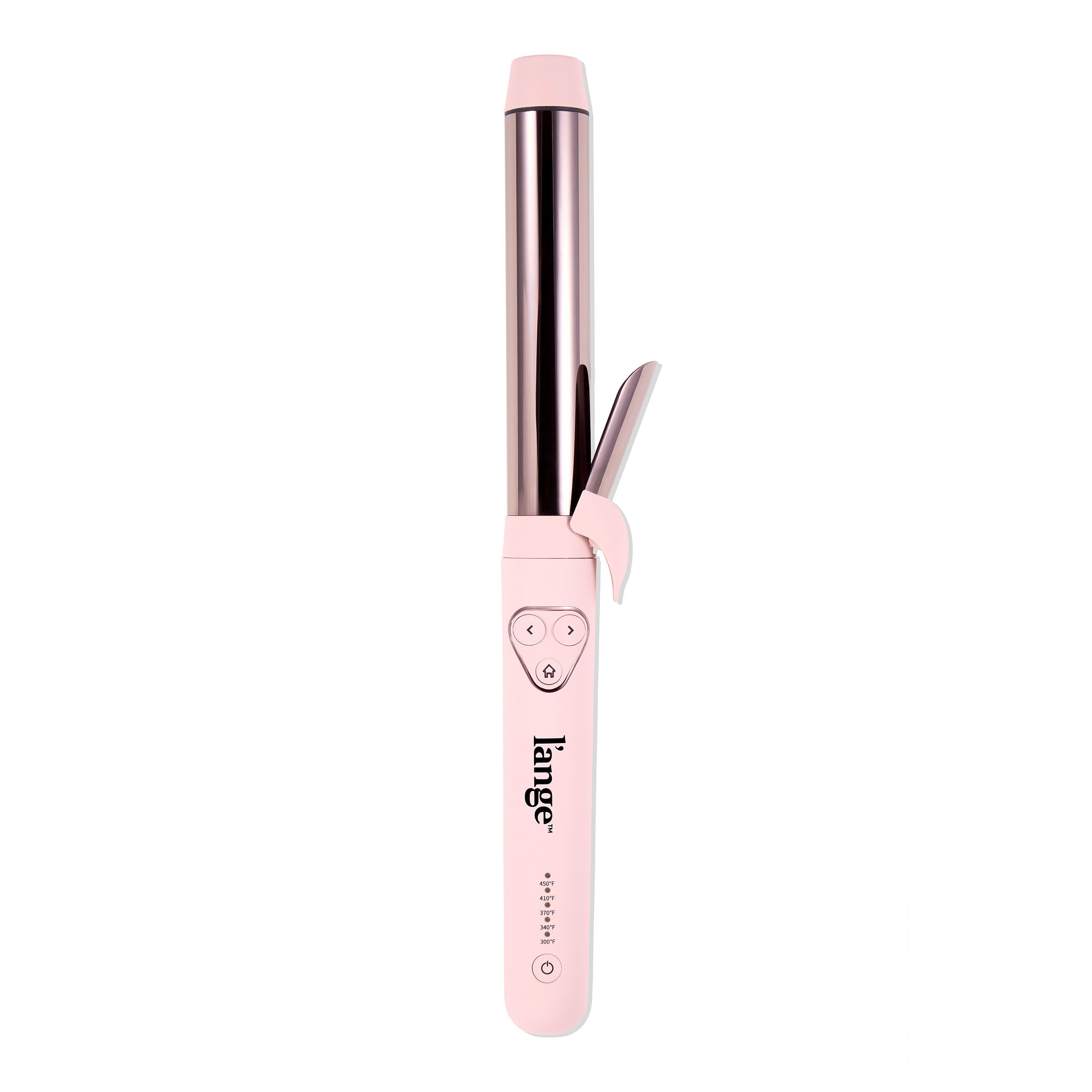 Pink curling iron with a glossy barrel and adjustable temperature controls.