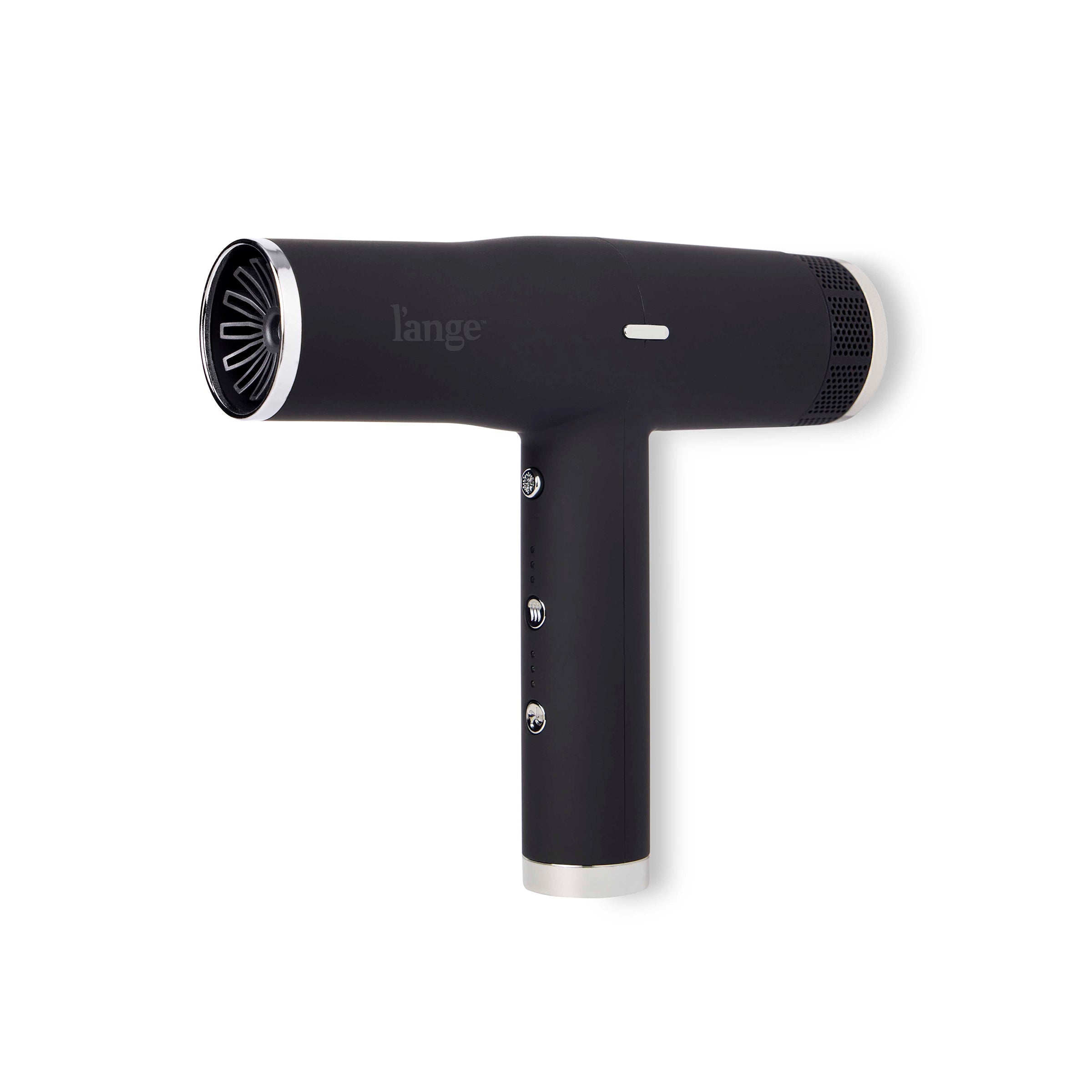 Slim T-shape black Le Styliste hair dryer with silver filter and black L’ange logo